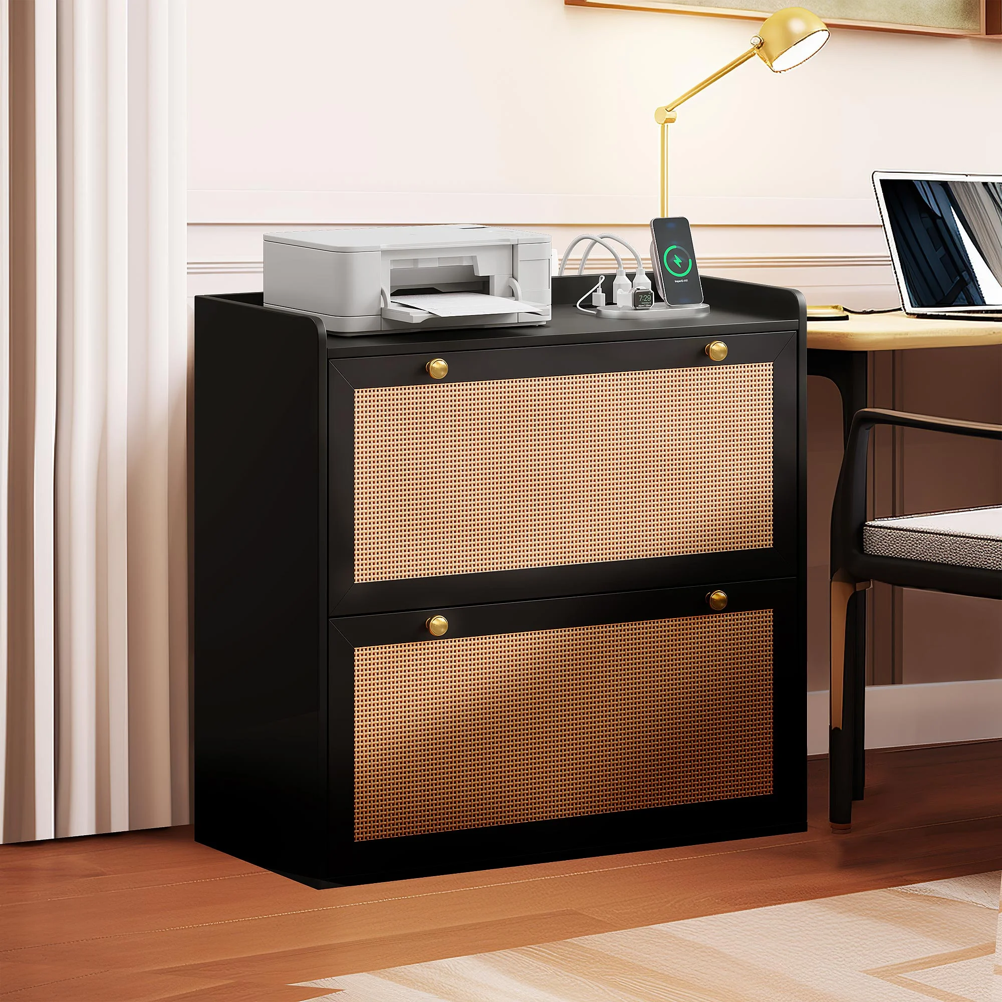 DWVO Rattan 2 Drawer File Cabinet with Charging Station, Lateral Wood Filing Cabinet Printer Stand Fits A4 Letter Legal Size Files, Black