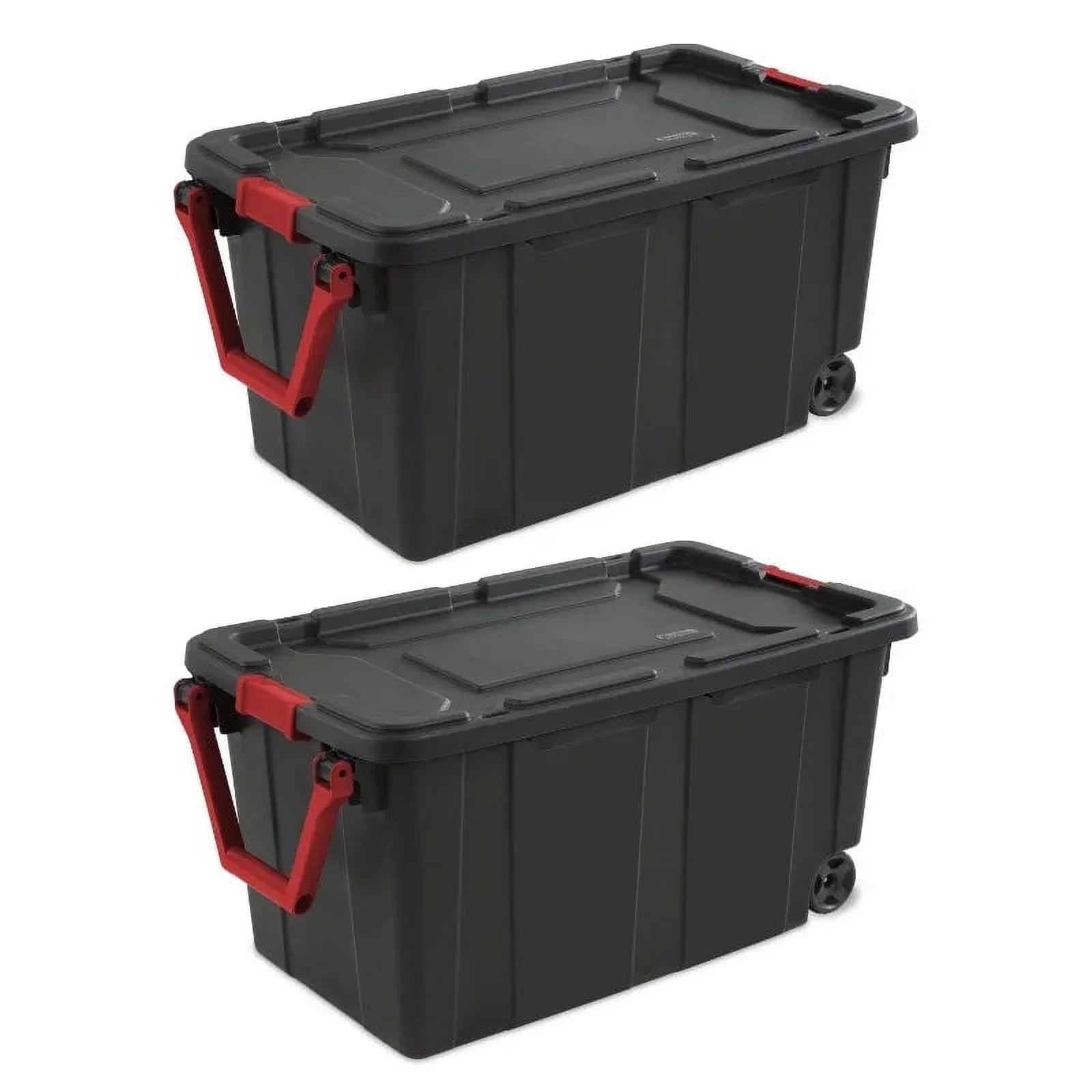 Sterilite 40 Gallon Wheeled Industrial Tote Plastic, Clear/Purple, /Black/Red Set of 2