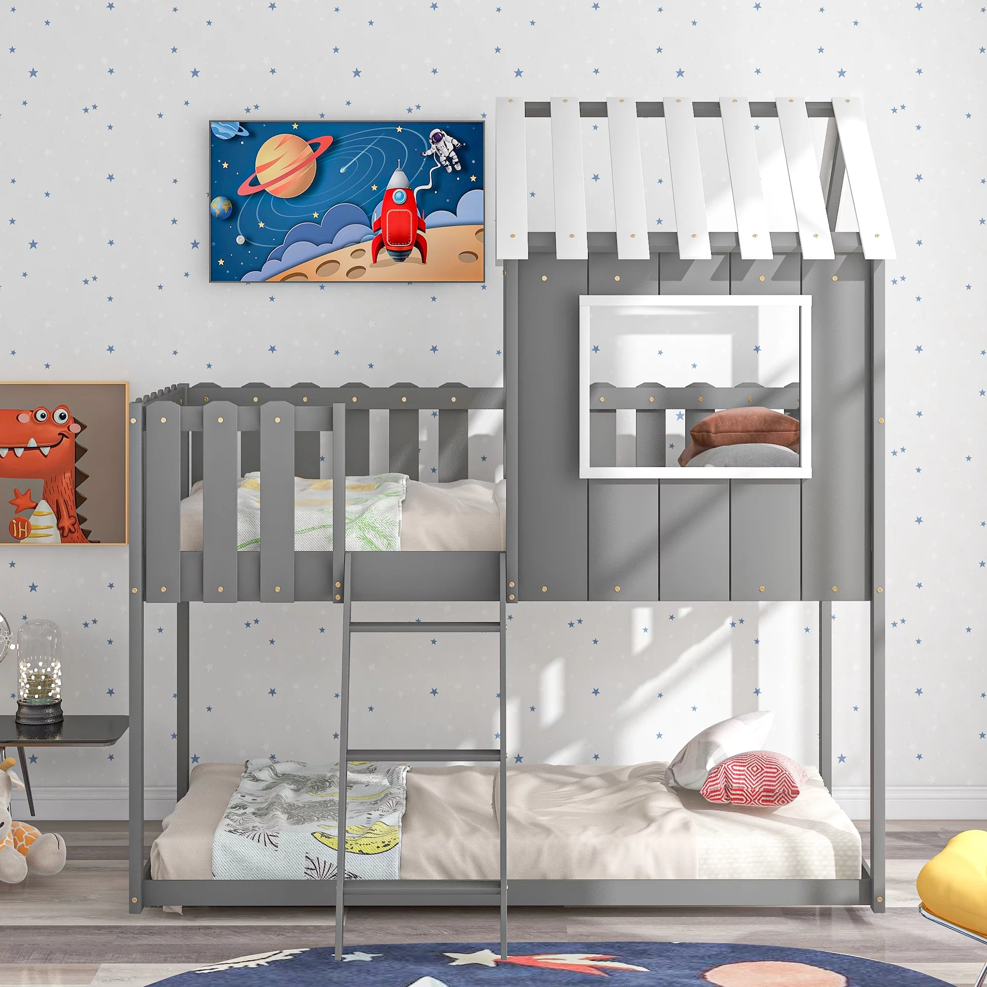 Euroco Twin Size Bunk Bed, House-Shaped for Kids Bedroom, Gray