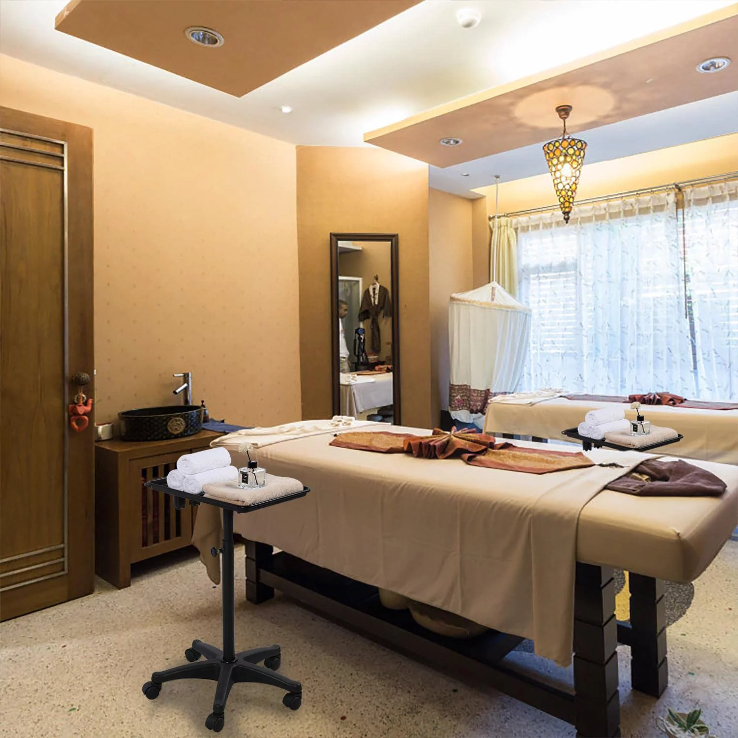 Beauty Rolling Aluminum Tray Cart, Utility Cart, Hair Salon Service Instrument Trolley Stand with 5 Casters and Accessory Caddy for Bathroom Office, Black