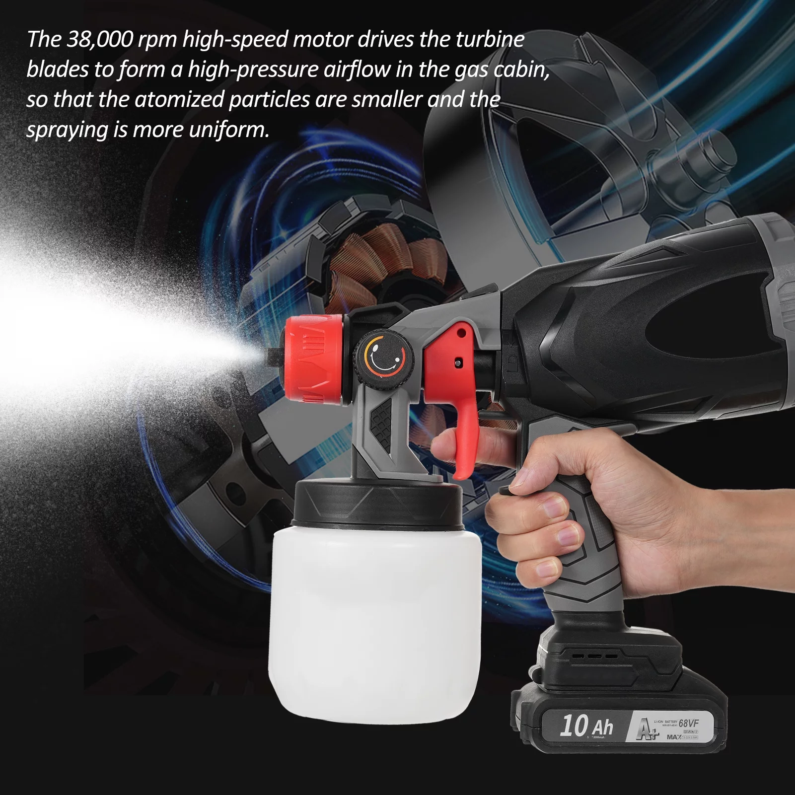 Carevas Battery Spraying Machine, 800W Electric Paint Sprayer, 38000RPM, 800ML Capacity, Watering Can