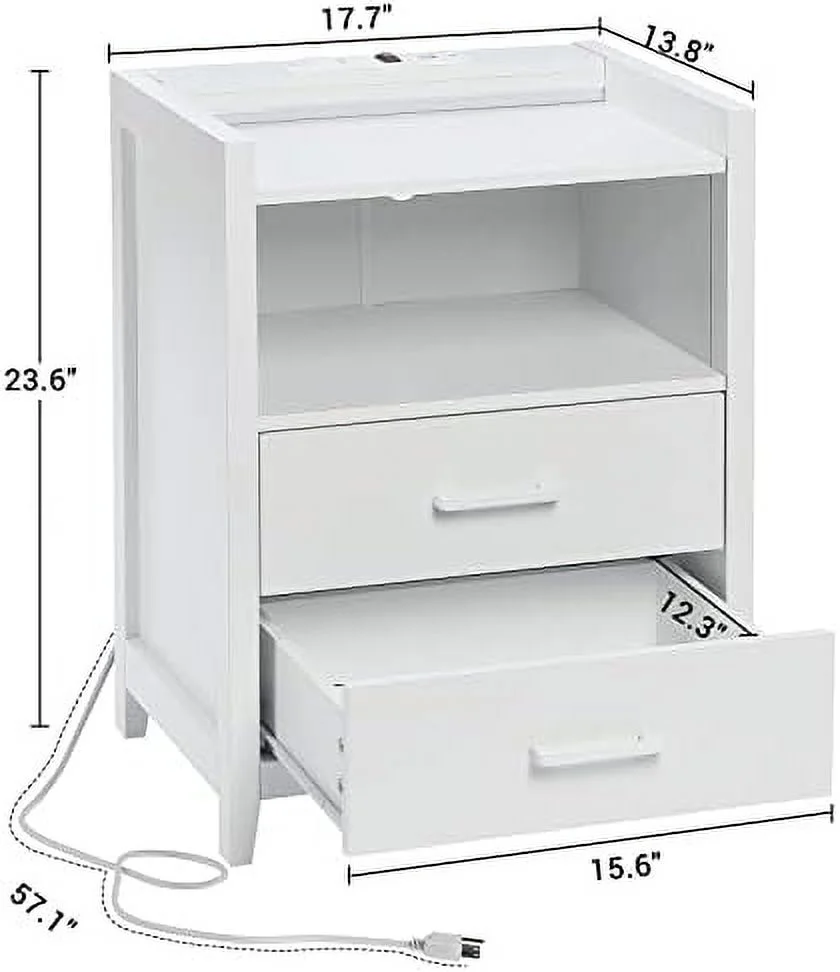 HOOMHIBIU Nightstand with LED Lights and Charging Station  End  with 2 Drawers and Open   Modern Bedside Table for Bedroom  White (NSL)