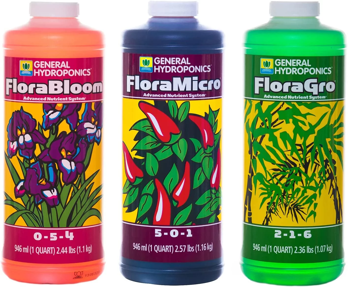 General Hydroponics Flora Series: FloraMicro, FloraBloom, FloraGro - 3-Part Hydroponic Nutrient System, 1 qt. Bottles