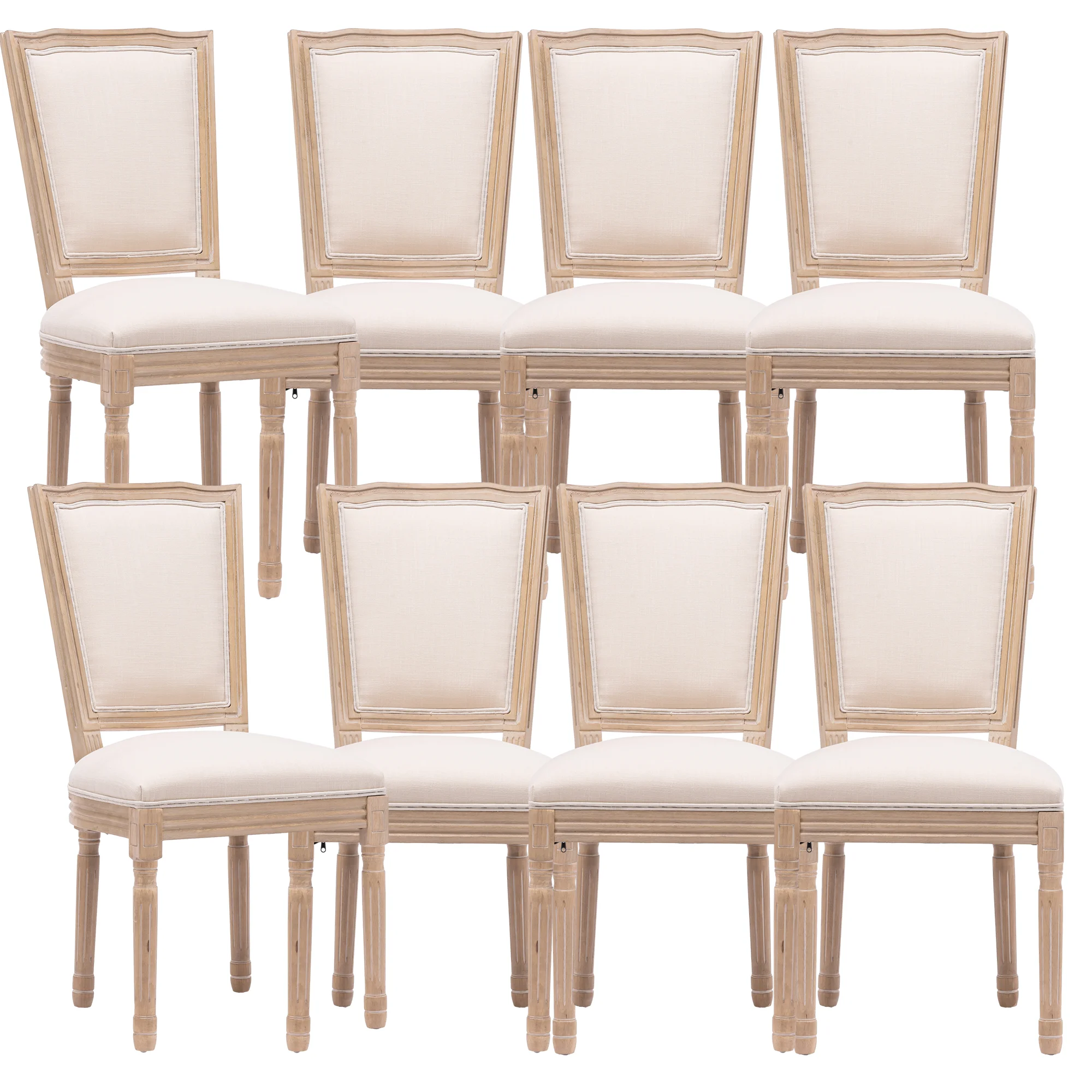 Contemporary Dining Chairs, Antique Painting Linen Fabric Side Chair, Retro Leisure Padded Ring Chair, Armless Solid Wood Upholstered Chair with Square Back, Parson Chairs(Cream,Set of 8)