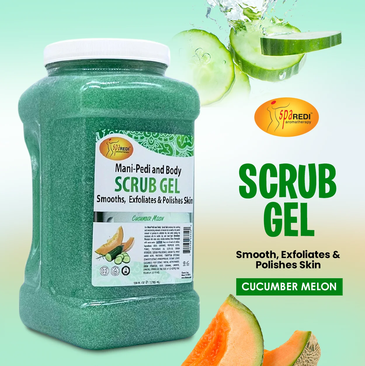 SPA REDI - Exfoliating Scrub Pumice Gel, Cucumber Melon, 128 Oz - Manicure, Pedicure and Body Exfoliator Infused with Hyaluronic Acid, Amino Acids, Panthenol and Comfrey Extract