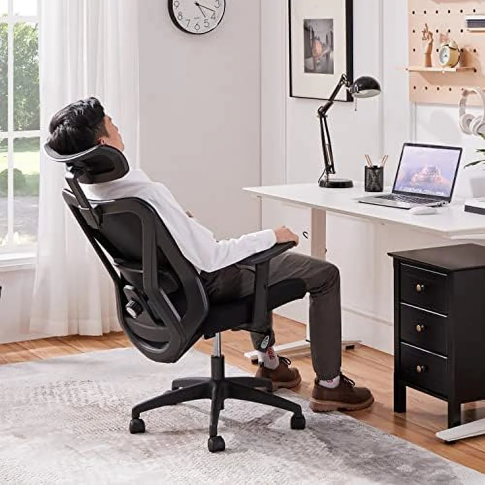 TJUNBOLIFE Office Chair Ergonomic Computer Desk Chair with Adjustable Lumbar Support Armrest and Headrest  Swivel Working Study Chair for Home Office  Light Grey