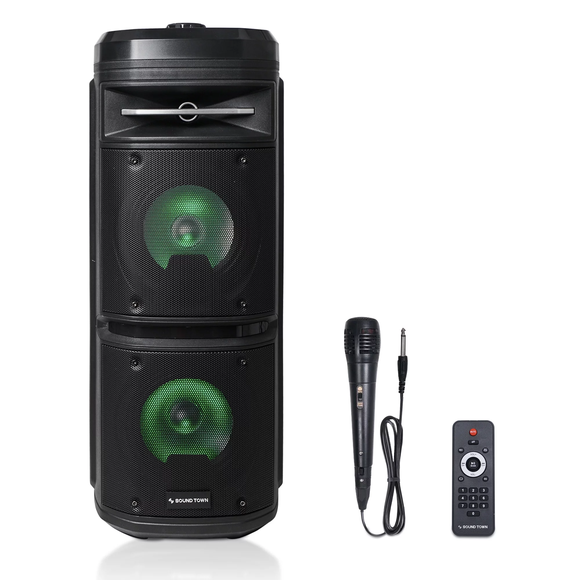 Sound Town OPIK-26X Dual 6.5” Portable PA Speaker with Built-in Rechargeable Battery, 1 Wired Microphone, Bluetooth, USB, SD Card Reader and LED Light