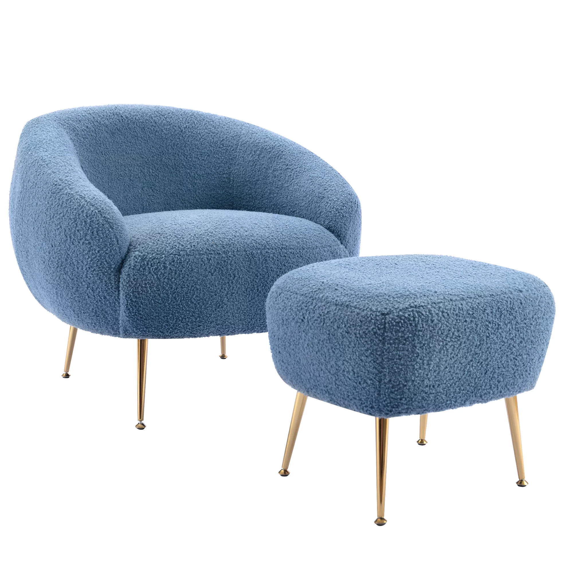Churanty Velvet Accent Chair with Ottoman,Modern Comfy Teddy Short Plush Armchair with Gold Legs Single Sofa Chair for Living Room,Dark Blue