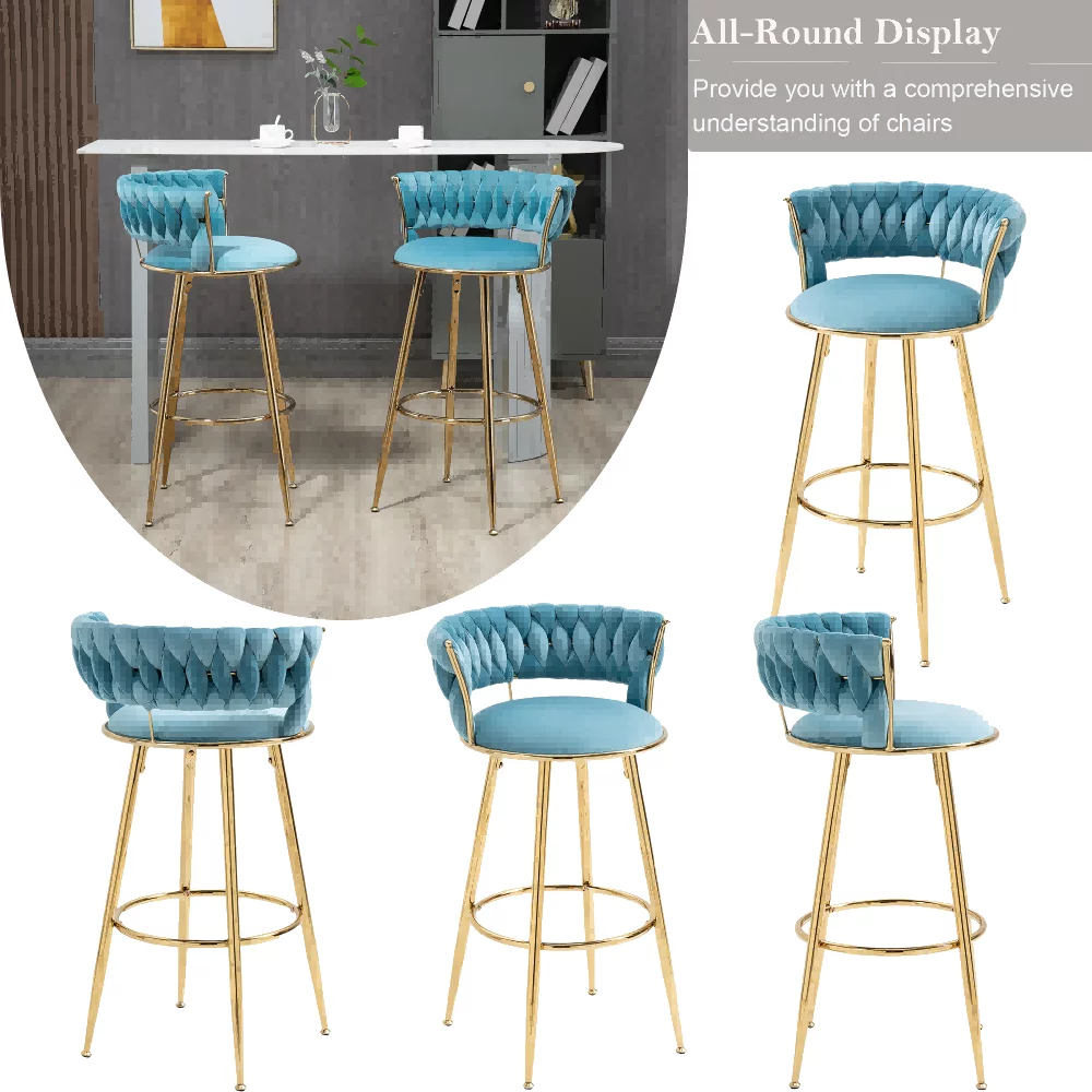 Velvet Tufted Counter Height Bar Stool Chairs with Solid Metal Legs Upholstered Bar Stools, Kitchen Island Padded Barstools with Footrest High Dining Chairs(Blue,Set of 2)