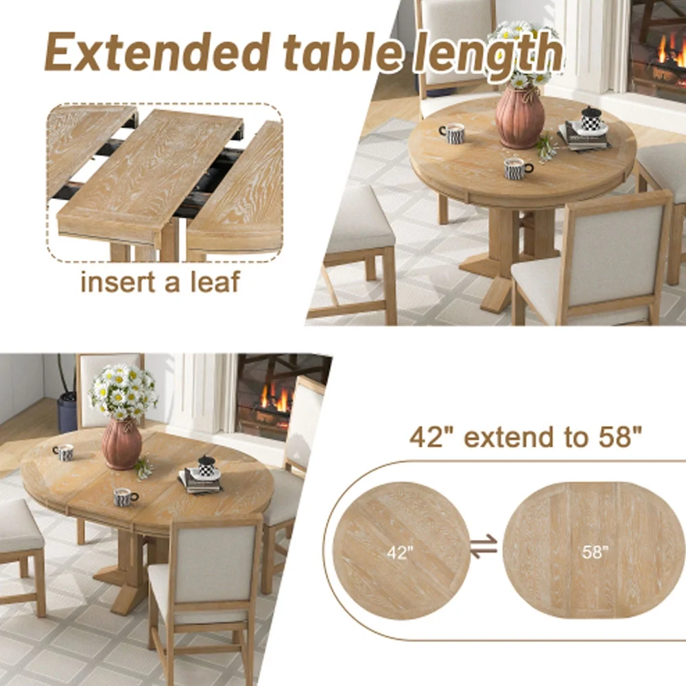 Farmhouse Dining Table Extendable Round Table - Natural Wood Wash