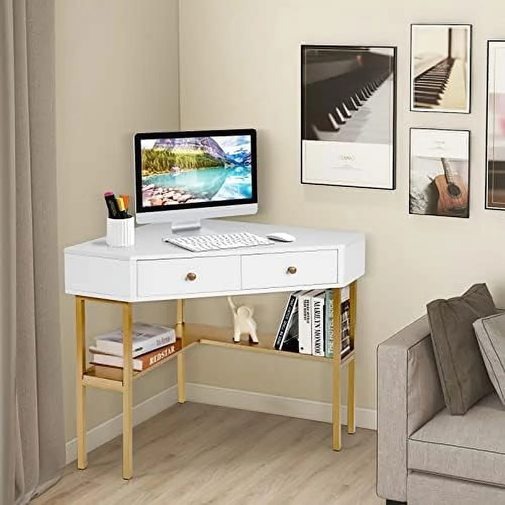 SJOINGB Corner Desk with Drawers  90 Degrees Triangle Desk w/ Shelves and Metal Frame  Corner Writing Desk  Corner  Vanity Table  Small Corner Desks for Small Spaces (Black)