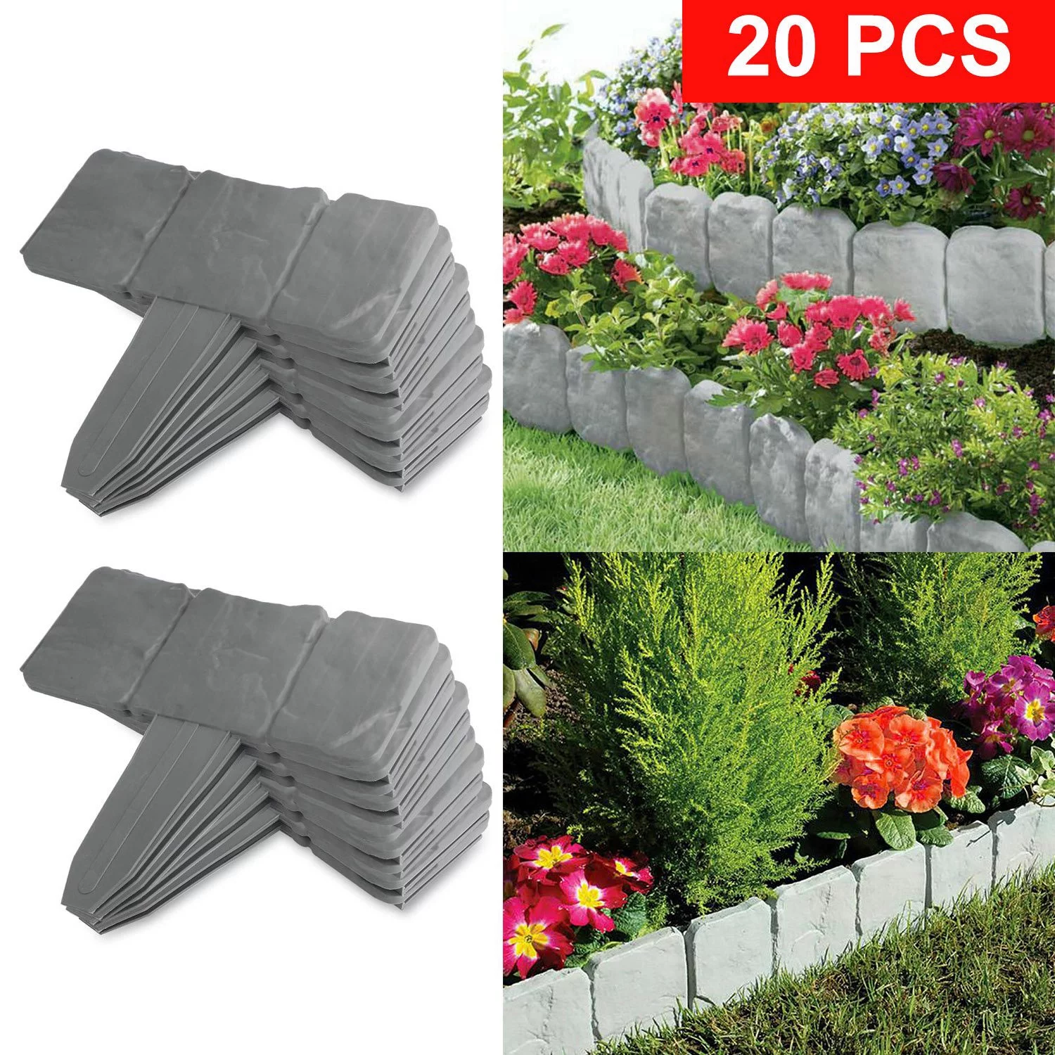 Garden Border, iMounTEK 20Pcs Plastic Garden Border Edging, Cobbled Stone Plant Border Effect, Gray