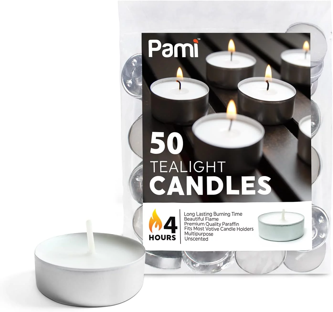PAMI Premium Tealight Candles Unscented Paraffin Small Candles in Bulk, 50-Pack
