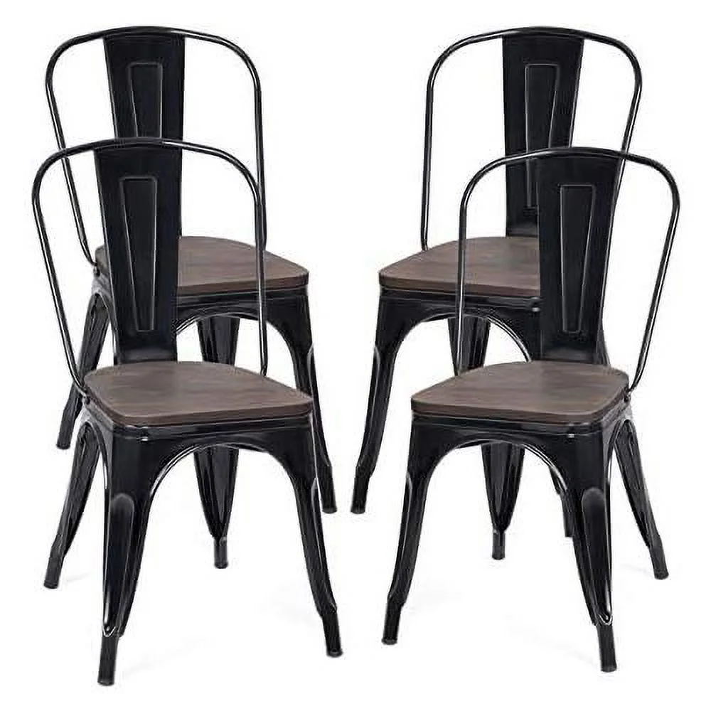 Metal Dining Chairs Set Of 4 Stackable Chairs Set 18 Inch W/Back And Stable Steel Frame For Indoor & Outdor Patio Bistro Cafe Side Bar Restaurant Kitchen Metal Chairs Bar Stools (Black)