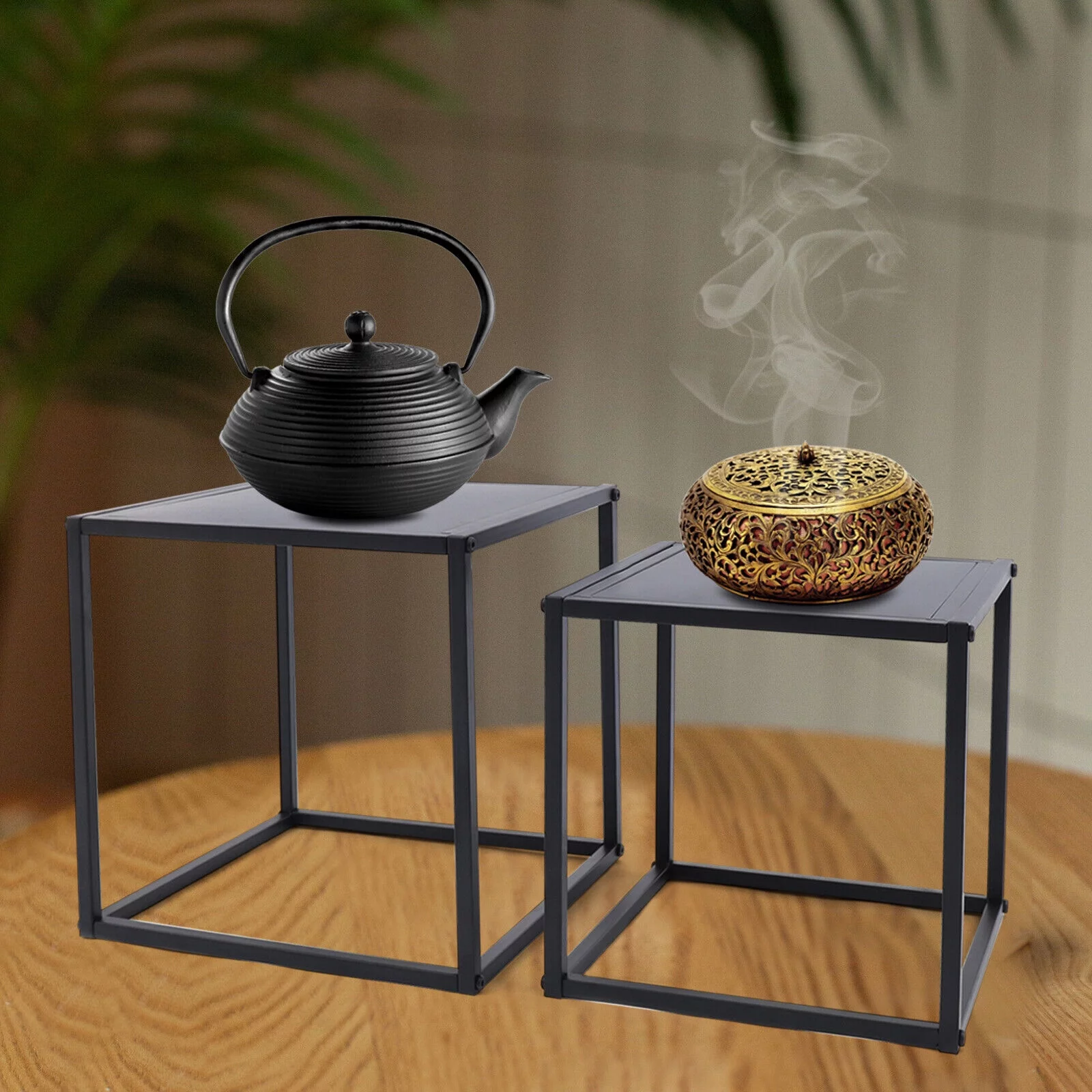 Miumaeov 2pcs Modern End Side Table Metal Coffee Table Square Tray Stand Bedroom Nightstand Black