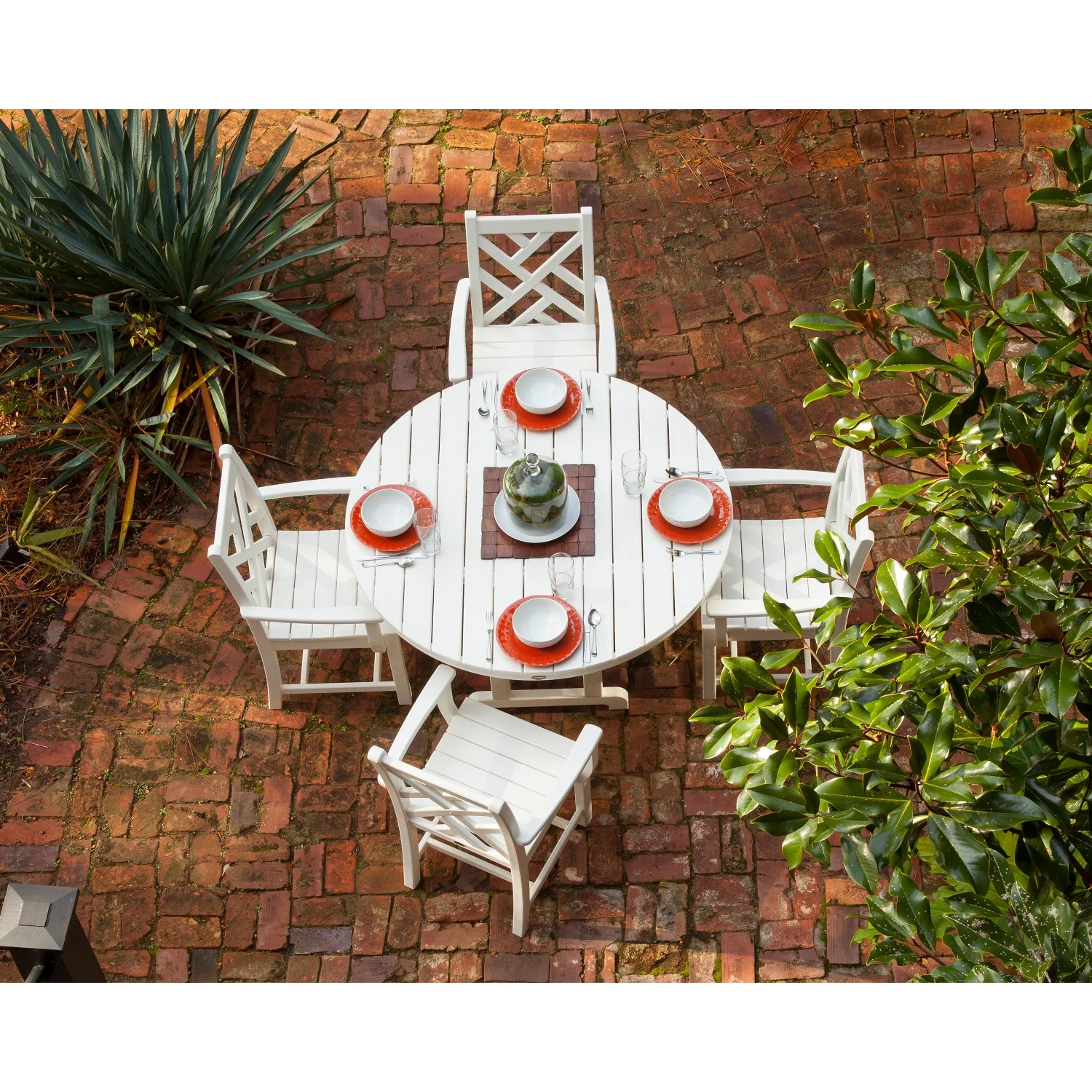 POLYWOOD Chippendale 5-Piece Round Arm Chair Dining Set in Black