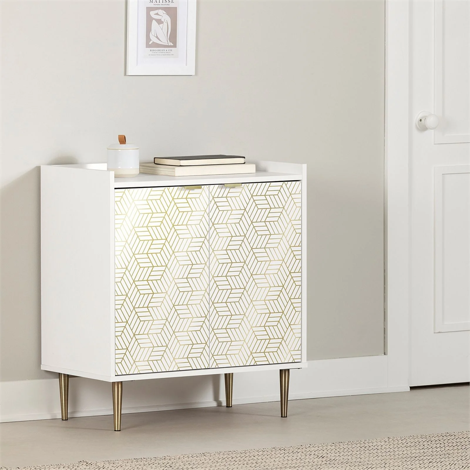 Pemberly Row Contemporary 2-Door Storage Cabinet White and Gold