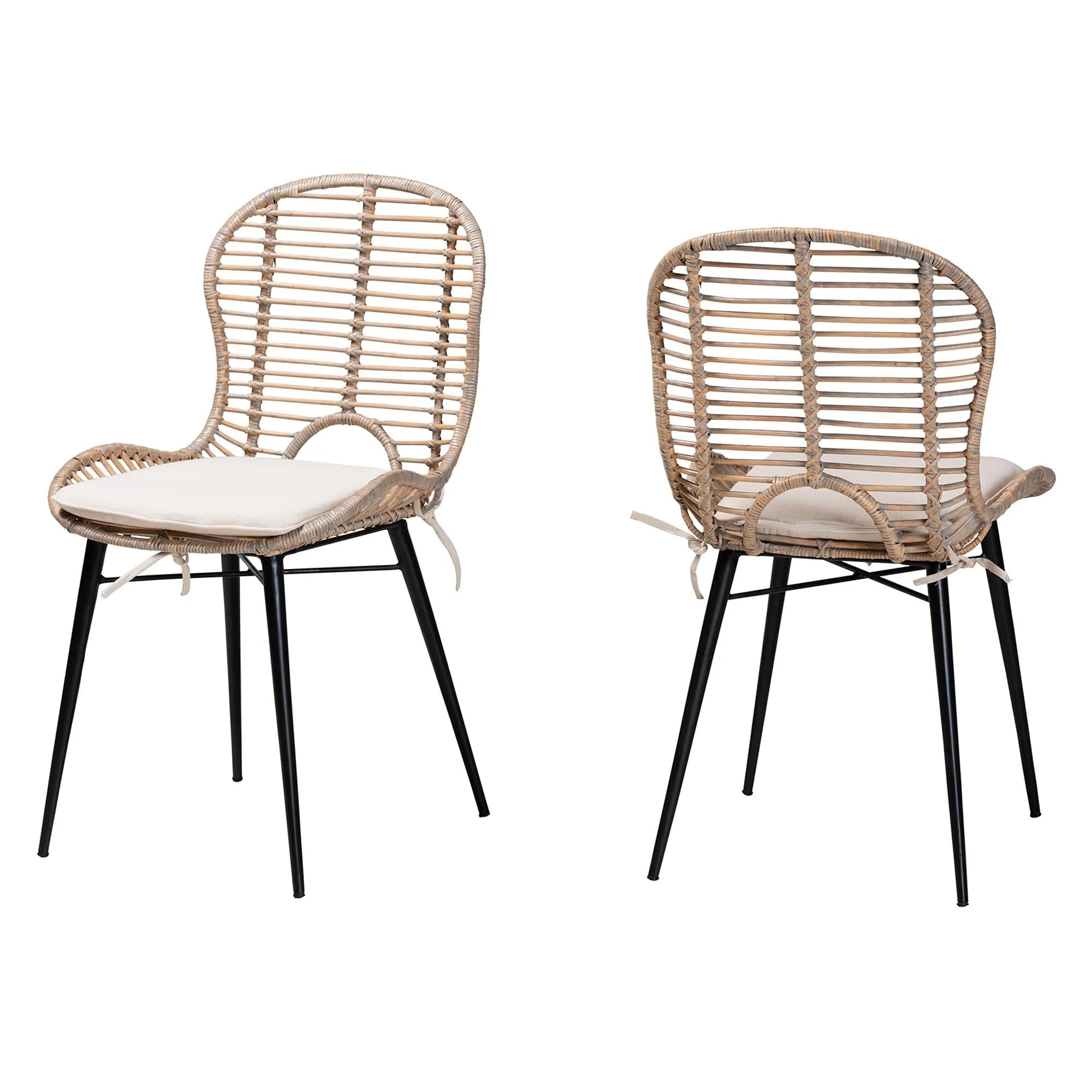 bali & pari Brenna Modern Bohemian Rattan and Metal 2-Piece Dining Chair Set Black