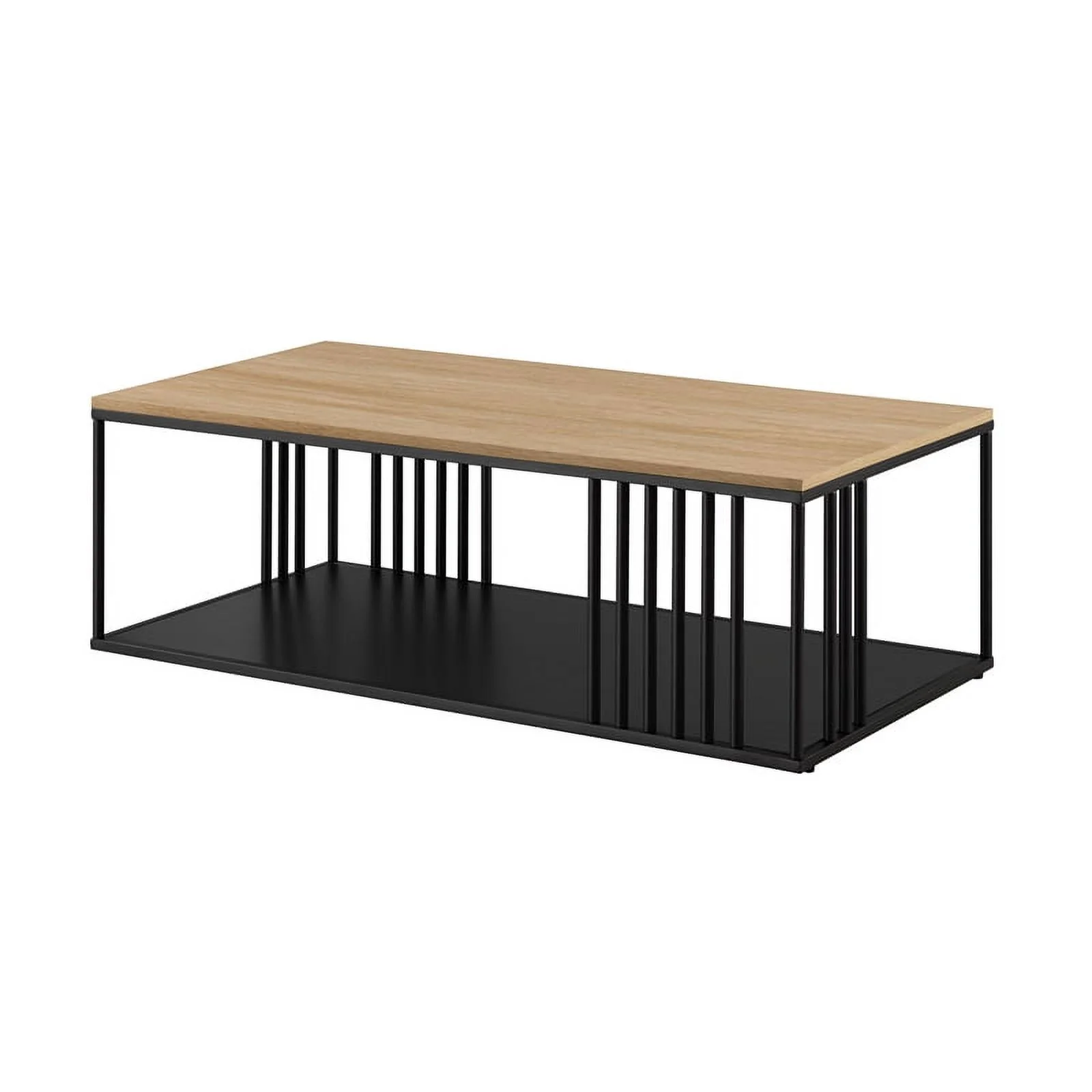 Pemberly Row Minimalist Metal Slatted Rectangle Wood Coffee Table - Oak / Black