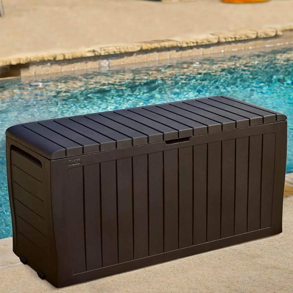 Keter Marvel Plus 71 Gallon Resin Deck Box-Organization and Storage for Patio Furniture Outdoor Cushions, Throw Pillows, Garden Tools and Pool Toys, Brown