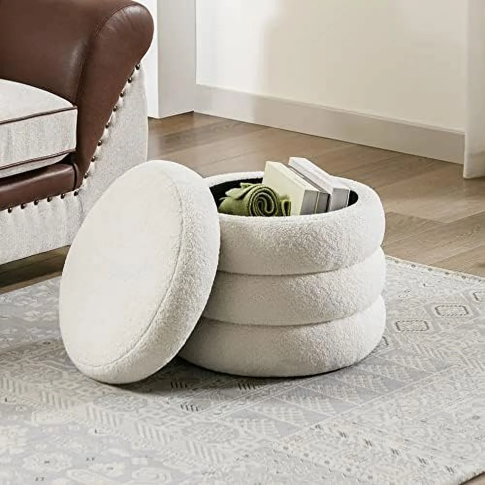 CHGTYS Ottoman with  for Living Room  White  Ottoman Bench  Sherpa Boucle Ottoman  Round Vanity Stool for Dressing Room  Bedroom  Entryway Bench with