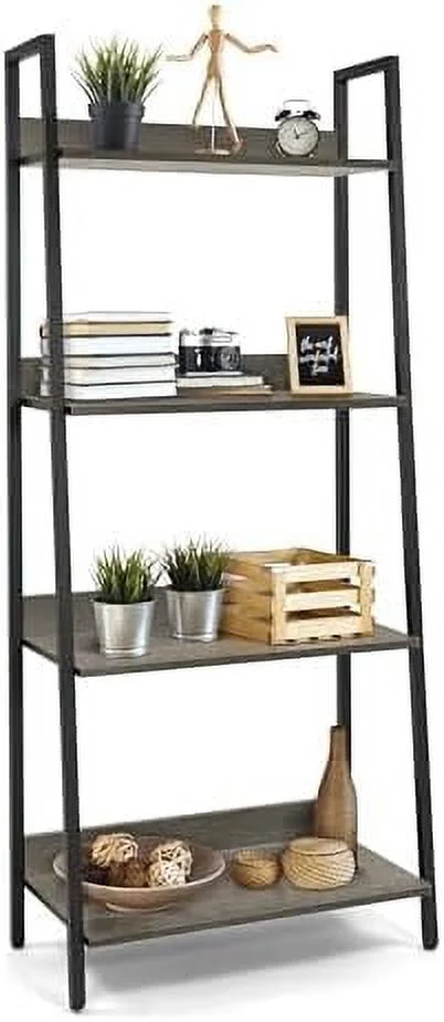 JDZHAPPYLIFE 5 Tier Ladder Bookshelf  24 Inch Width Free Standing   Bookcase   Rack Organizer  Industrial Book Shelves for Home Office  Living Room  Kitchen  White Shelves & Gold Fram