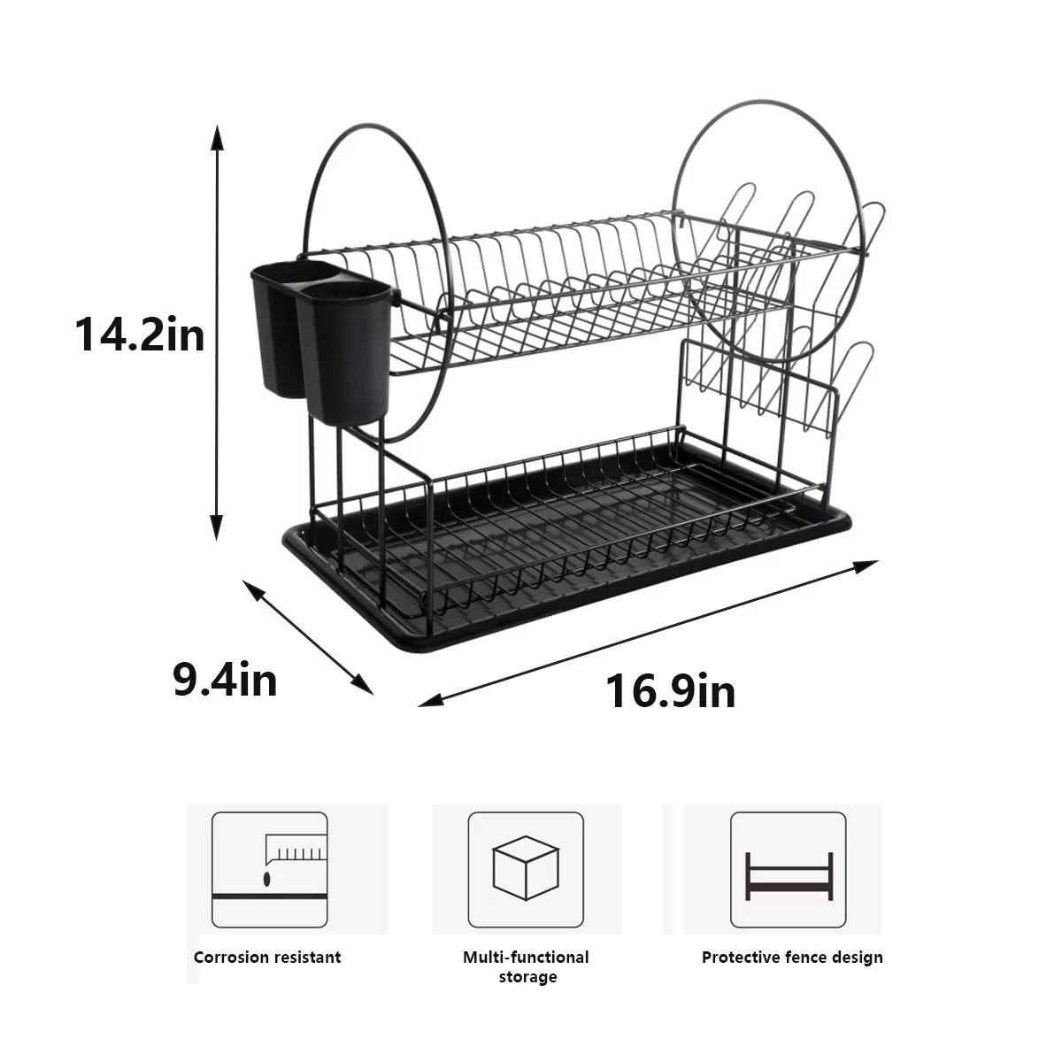Uptyia 2-Tier Dish Drying Rack with a Large Capacity for Kitchen Counter Multifunctional Dish Rack，Black