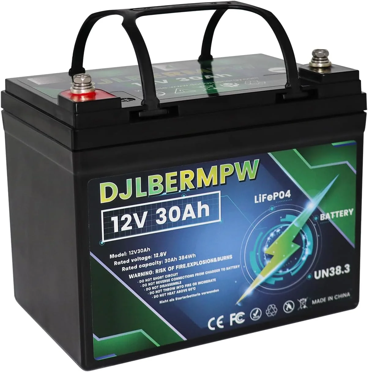 ‎DJLBERMPW 12V 30Ah Lithium Battery 12V LiFePO4 Batteries 384W Load Power 4000+ Deep Cycle Lithium Iron Phosphate Battery Built-in 30A BMS Power Wheels Batteries for RV,Fish Finder,Emergency Light