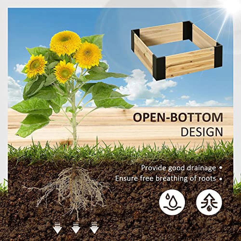 Outsunny Wooden Raised Garden Bed Flower Box with Metal Bracket, Installed by Hand, Outdoor Planter Box, 31.5 x 31.5in Square, for Vegetables, Fruits, Herbs, Succulents, Lawn, Yard, Natural