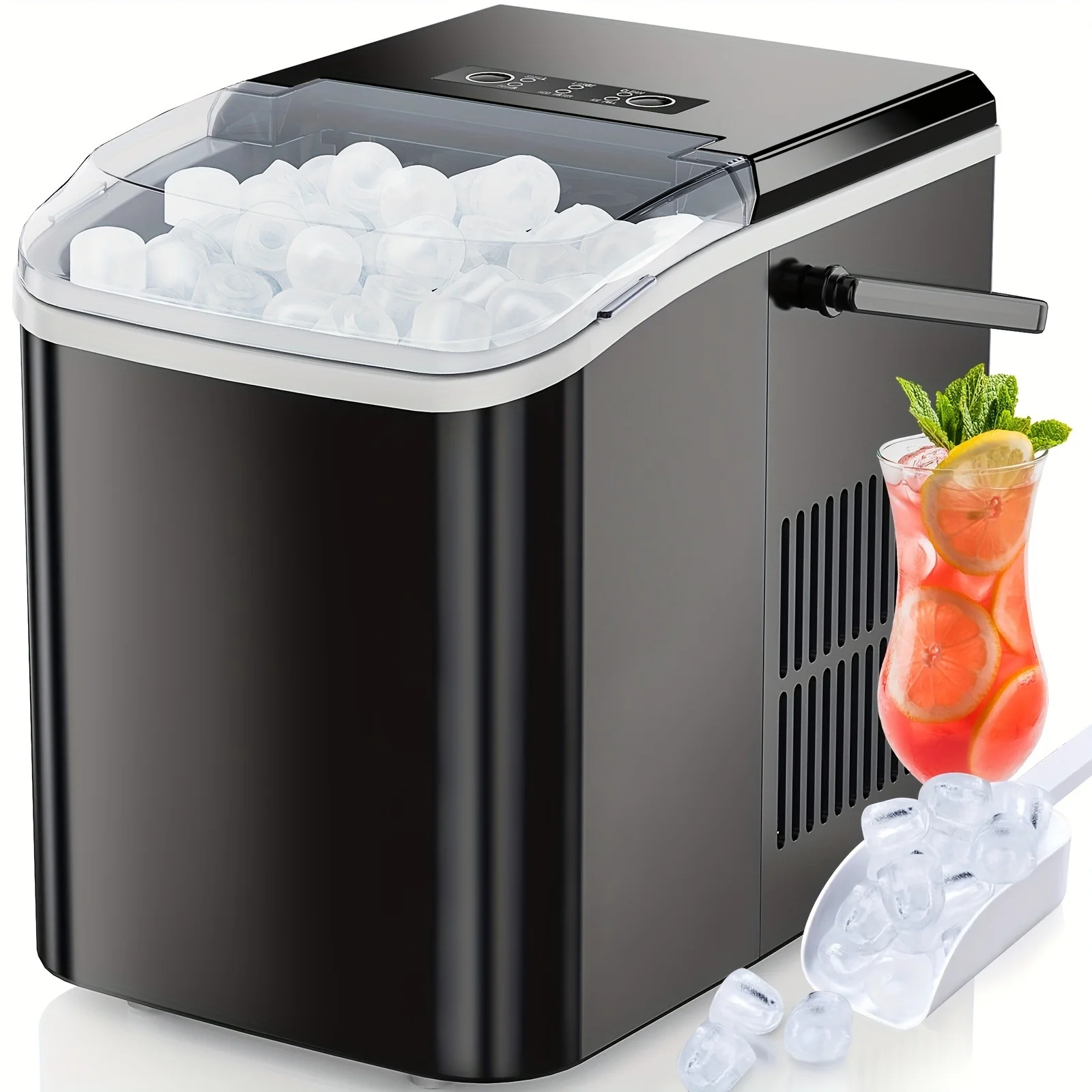 Ice Maker Countertop - Produces 9 Bullet Ice Cubes In 6 Minutes, 26 Pounds Of Ice In 24 Hours, Small Portable Self-cleaning Ice Maker Suitable For Homes, Kitchens, RVs, And Parties-Black