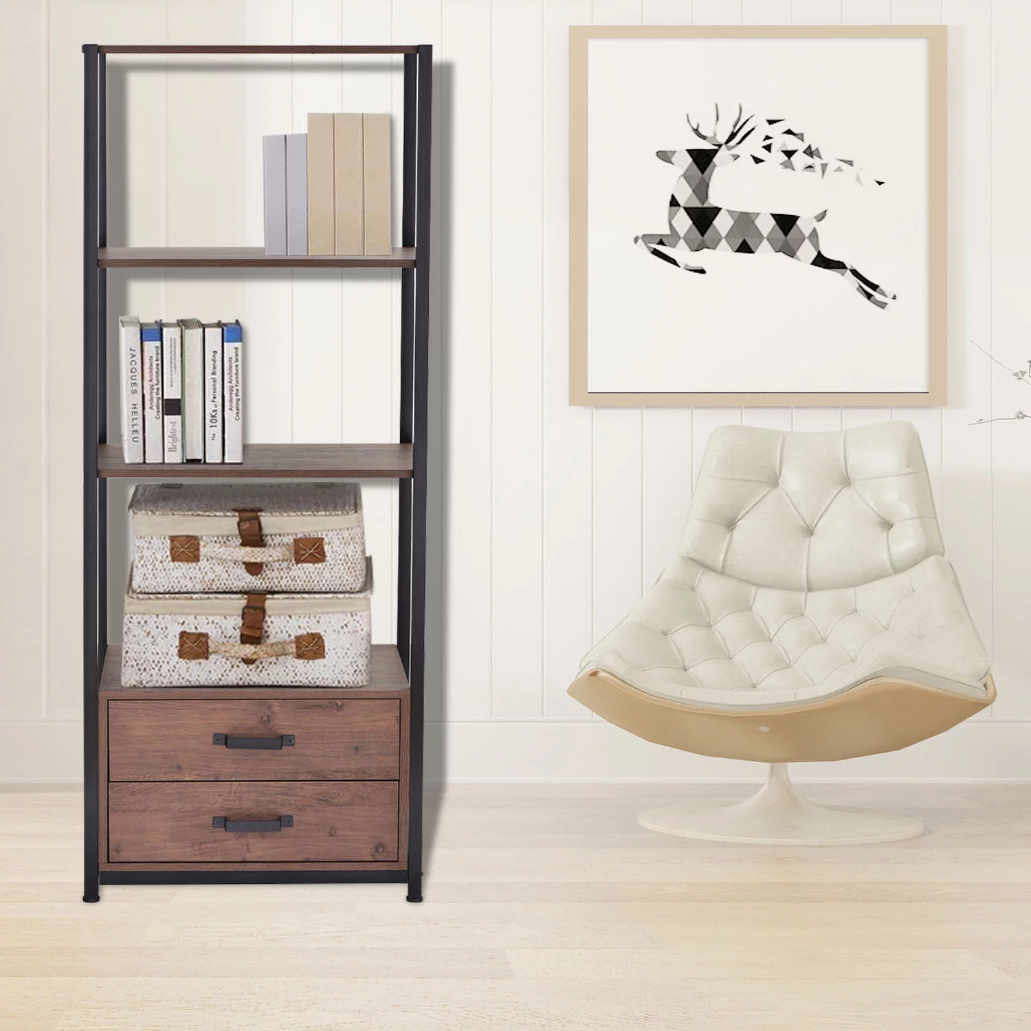 Home Office 4 Tier Bookshelf, Simple Industrial Bookcase Vertical Shelf Unit Storage Organizer with 4 Open Storage Shelves and Two Drawers, Brown, Dimensions, 23.6