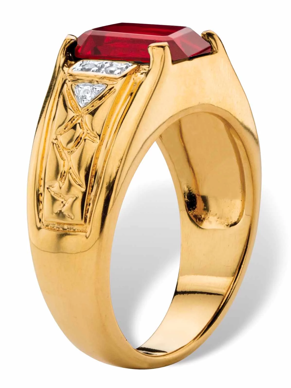 PalmBeach Jewelry Men's 3.55 TCW Emerald-Cut Faceted Genuine Red Garnet and Diamond Accent Etched Ring 18k Gold-Plated