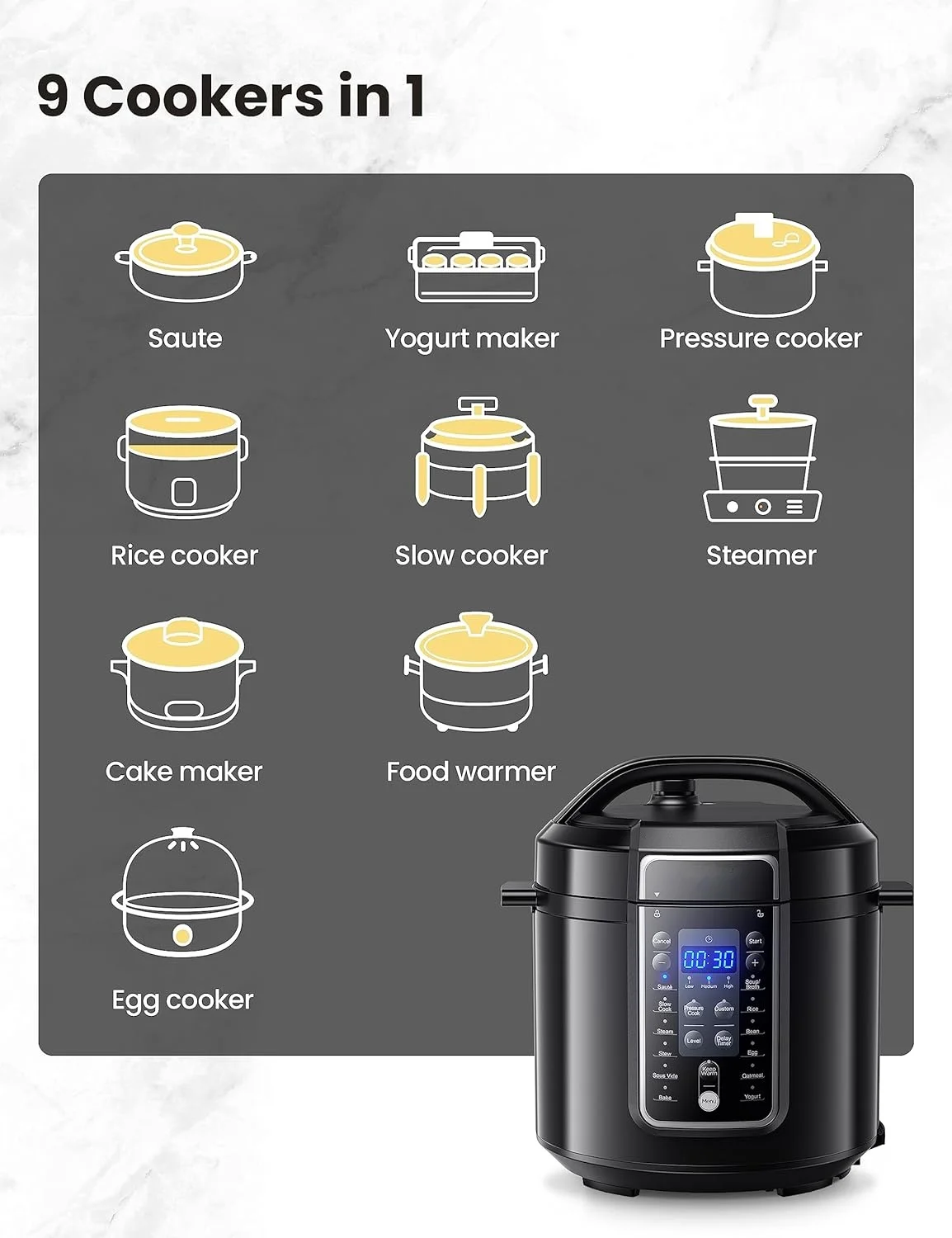 9-in-1 Electric Pressure Cooker 14 Presets Instant Multi Cooker Olla de Presion Non-Stick Pot Yogurt Maker Rice Cooker Slow Cooker Sauté Steamer 6 Quarts Black, Aluminum