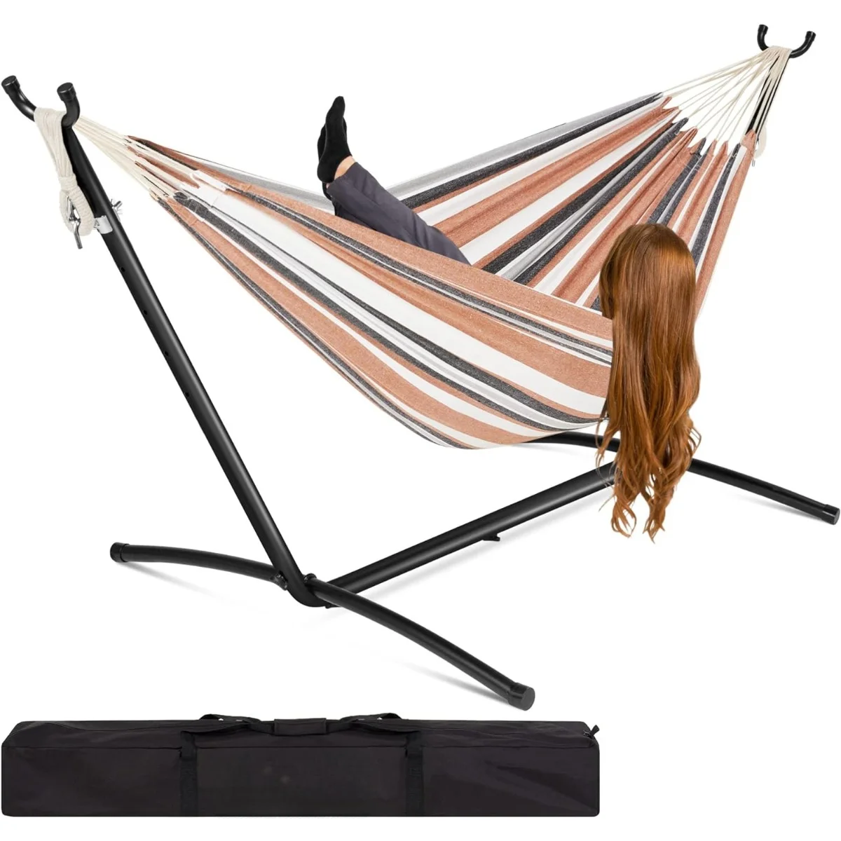 Double Hammock with Steel Stand, Indoor Outdoor Brazilian-Style Cotton Bed w/Carrying Bag, 2-Person Capacity - Desert Stripes