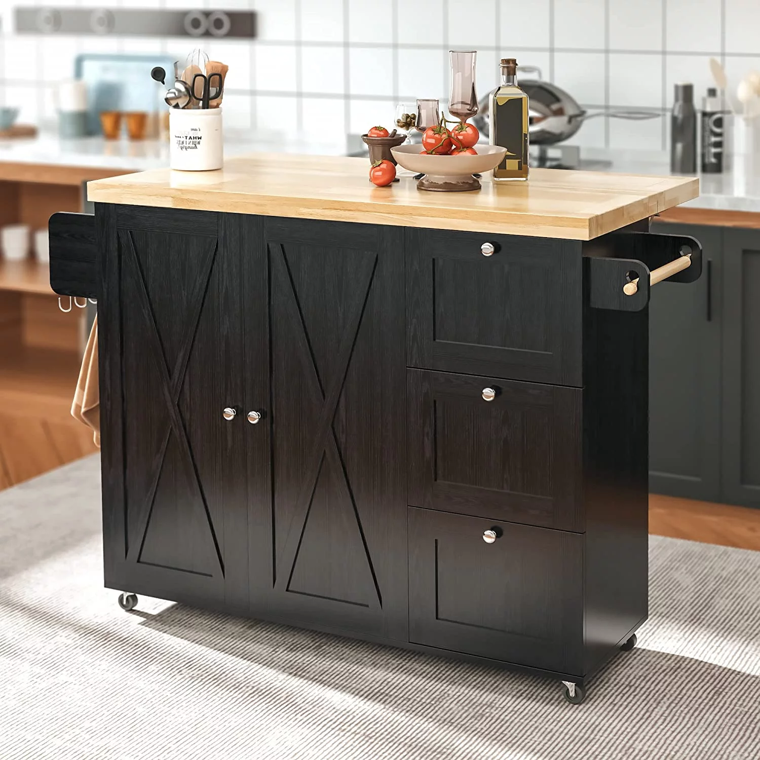 IRONCK Rolling Kitchen Island Cart with Drop-Leaf Countertop 3 Drawers for Kitchen and Dining Room, Black