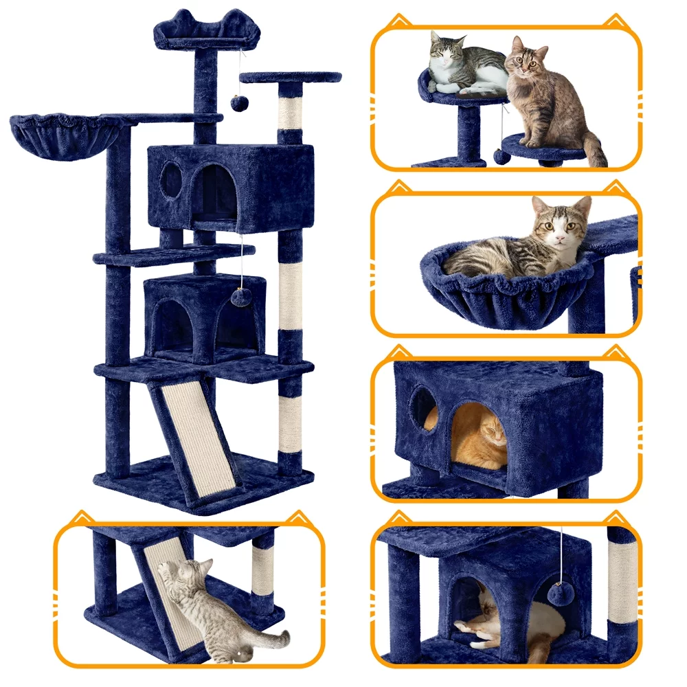 Topeakmart 57''H Multilevel Cat Tree Tower with 2 Condos & Scratching Posts/Ramp, Navy Blue
