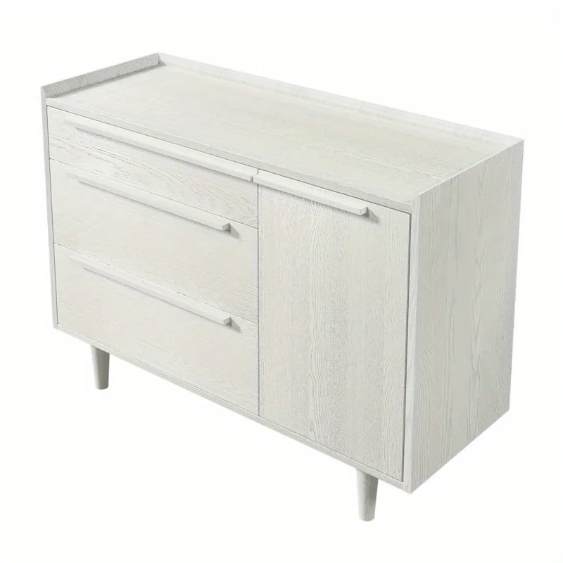 Modern White Sideboard-3-Drawer Storage Cabinet, Versatile Dresser with Solid Legs for Bedroom and Living Room, Contemporary Wood Grain Finish for Elegant Home Décor