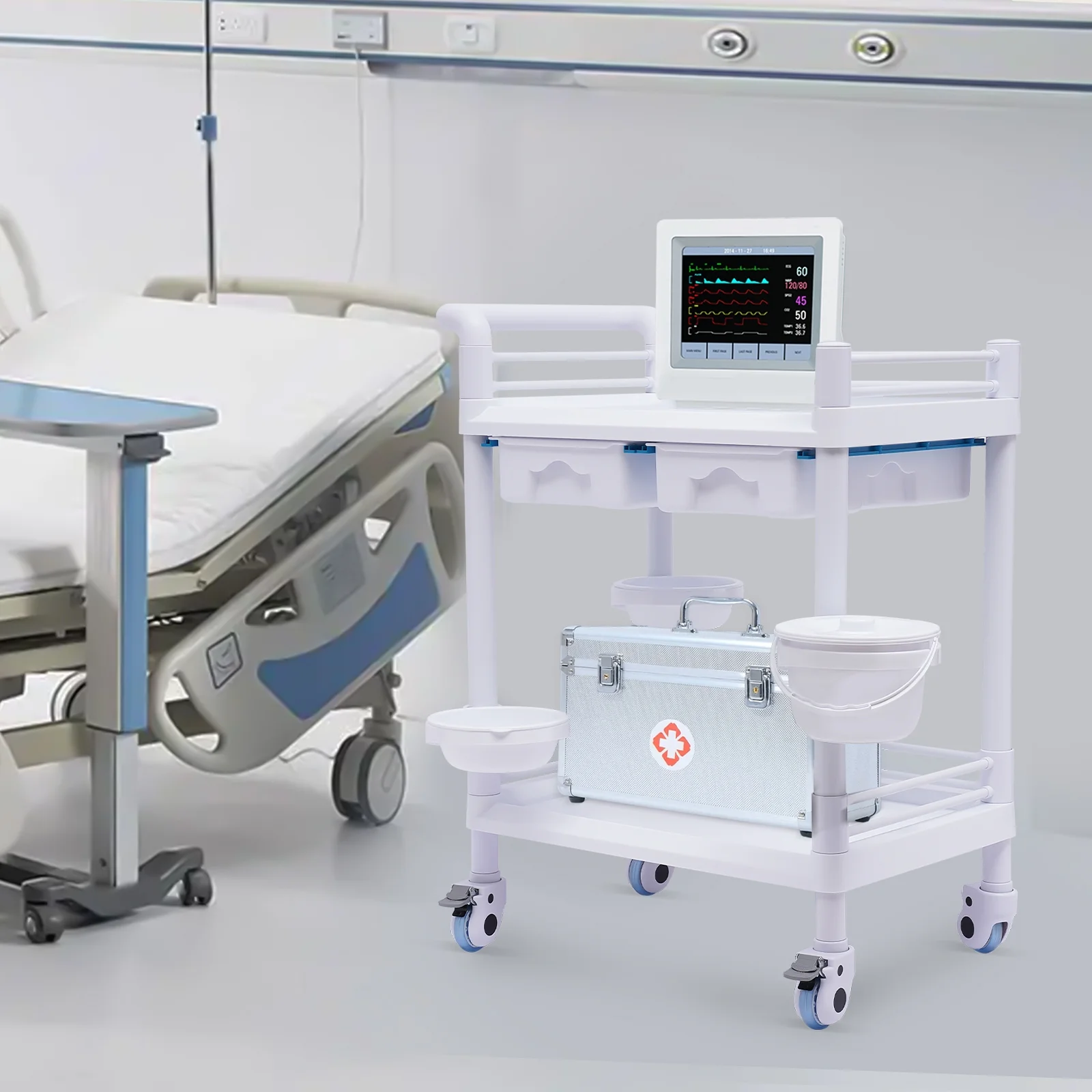 Aiqidi 2 Tier Utility Cart Salon Spa Beauty Trolley Cart Heavy Duty Mobile Rolling Medical Trolley Dental Lab Serving Cart White