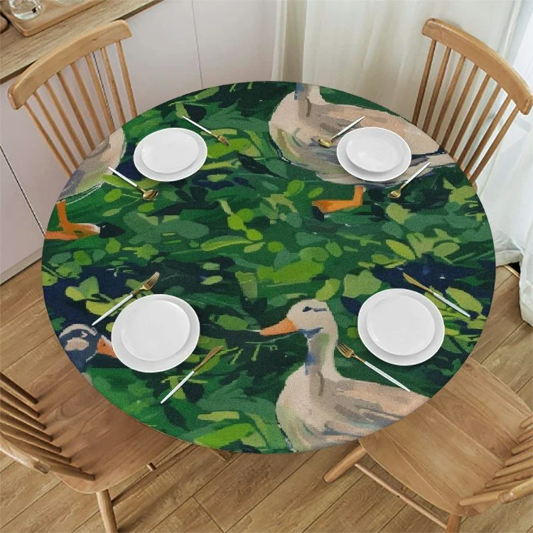 Pingxixi  Cute Animal Mallard Duck Round Fitted Tablecloth with Elastic Protector Table Cloth Kitchen Dinner Waterproof Oil-Proof Table Covers  White