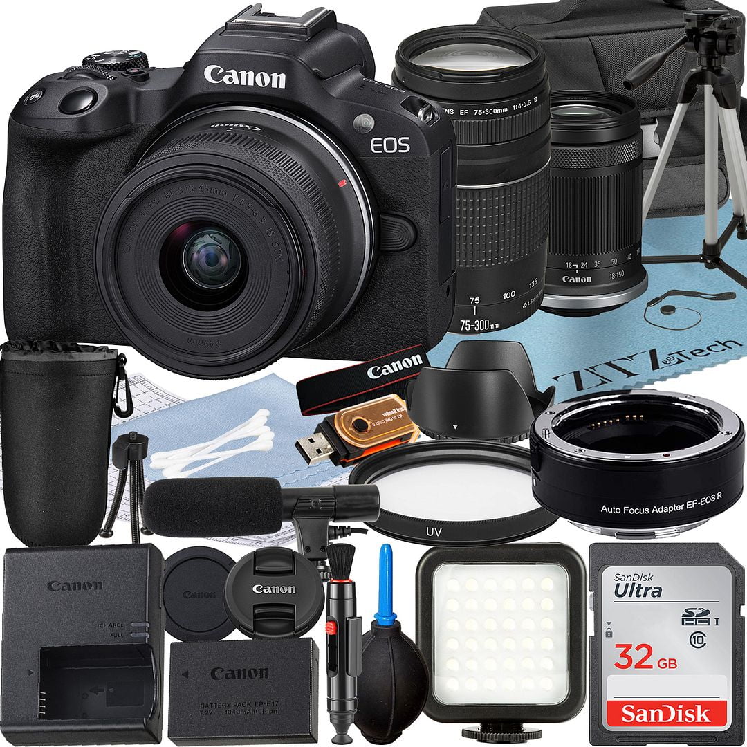 Canon EOS R50 Mirrorless Camera with RF-S 18-150mm + EF 75-300mm Lens + Mount Adapter + SanDisk 32GB Memory Card + Case + LED Flash + ZeeTech Accessory Bundle
