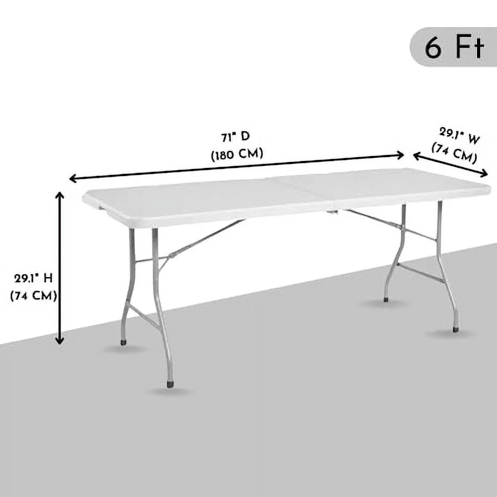 6ft Foldable Heavy Duty Plastic Table - Ideal for Indoor & Outdoor Events: Parties, Picnic, Camping, Weddings, Catering, and Garden Dining - Portable Fold-in-Half Utility Table (White)