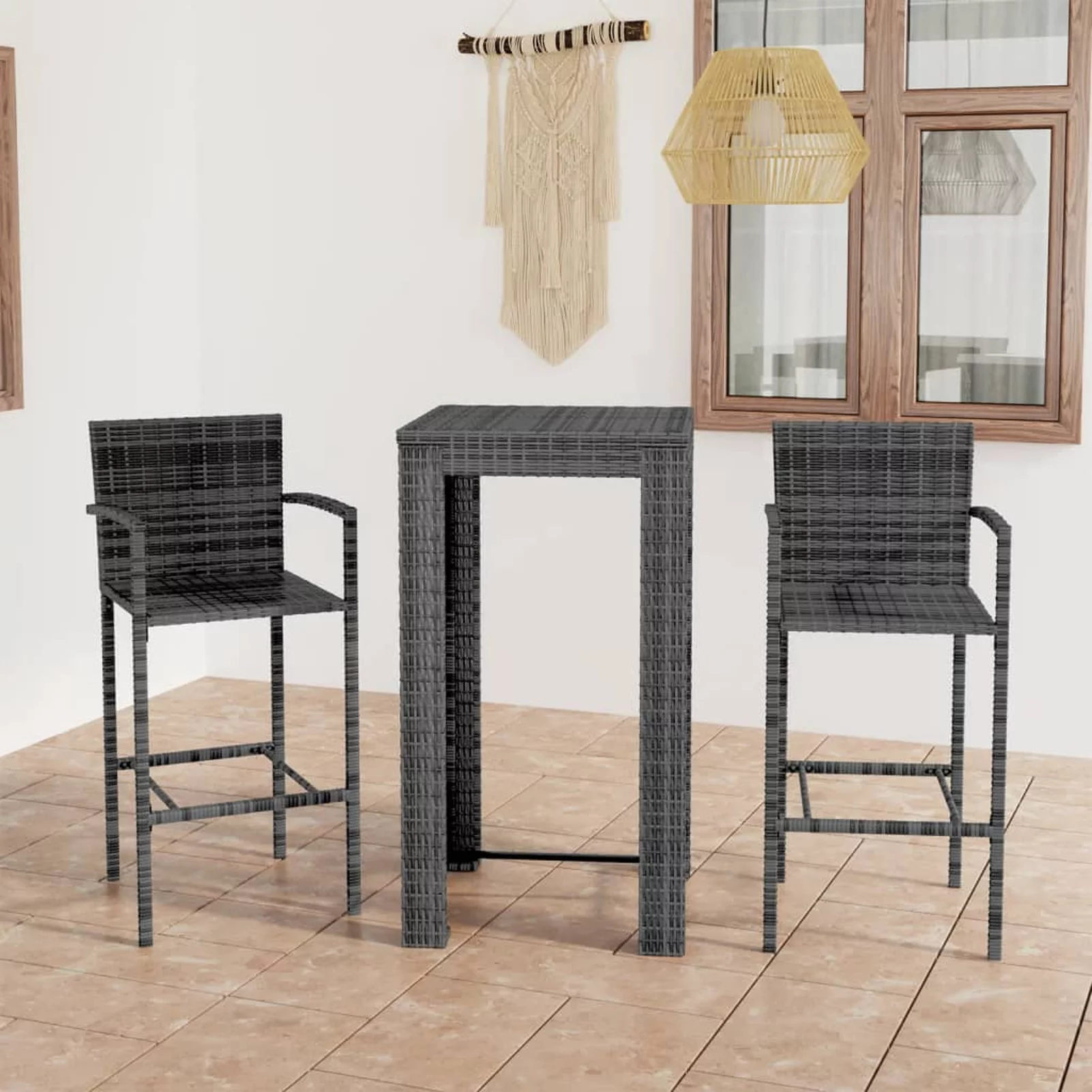 Anself 3 Piece Patio Bar Set with Armrest Poly Rattan Gray