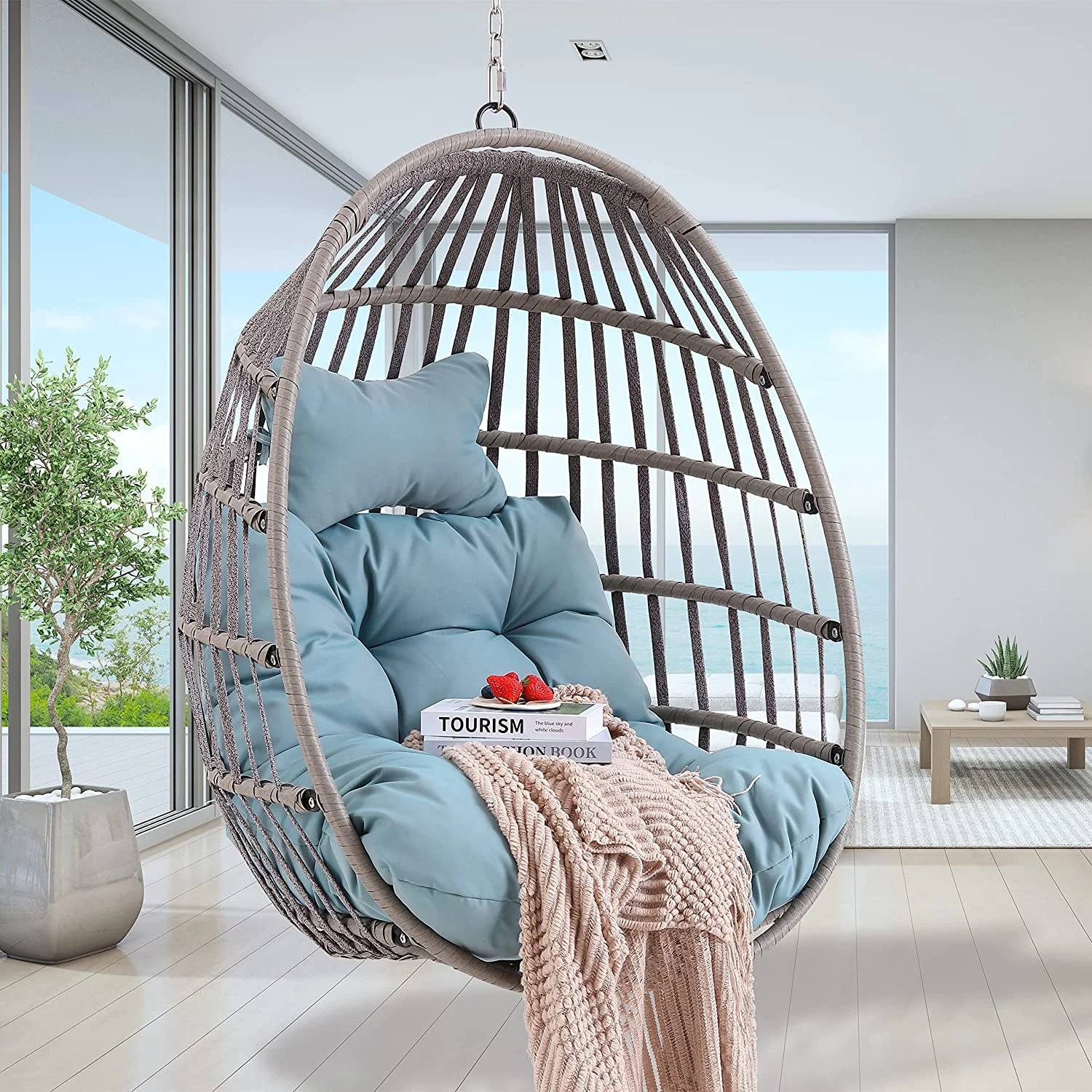 Hanging Egg Chair, Indoor/Outdoor Swing Egg Chair Without Stand, Wicker Hammock Chair Swing with Cushion&Pillow,Hanging Chain, Hanging Egg Chair for Bedroom Patio Backyard,Light gery+Green