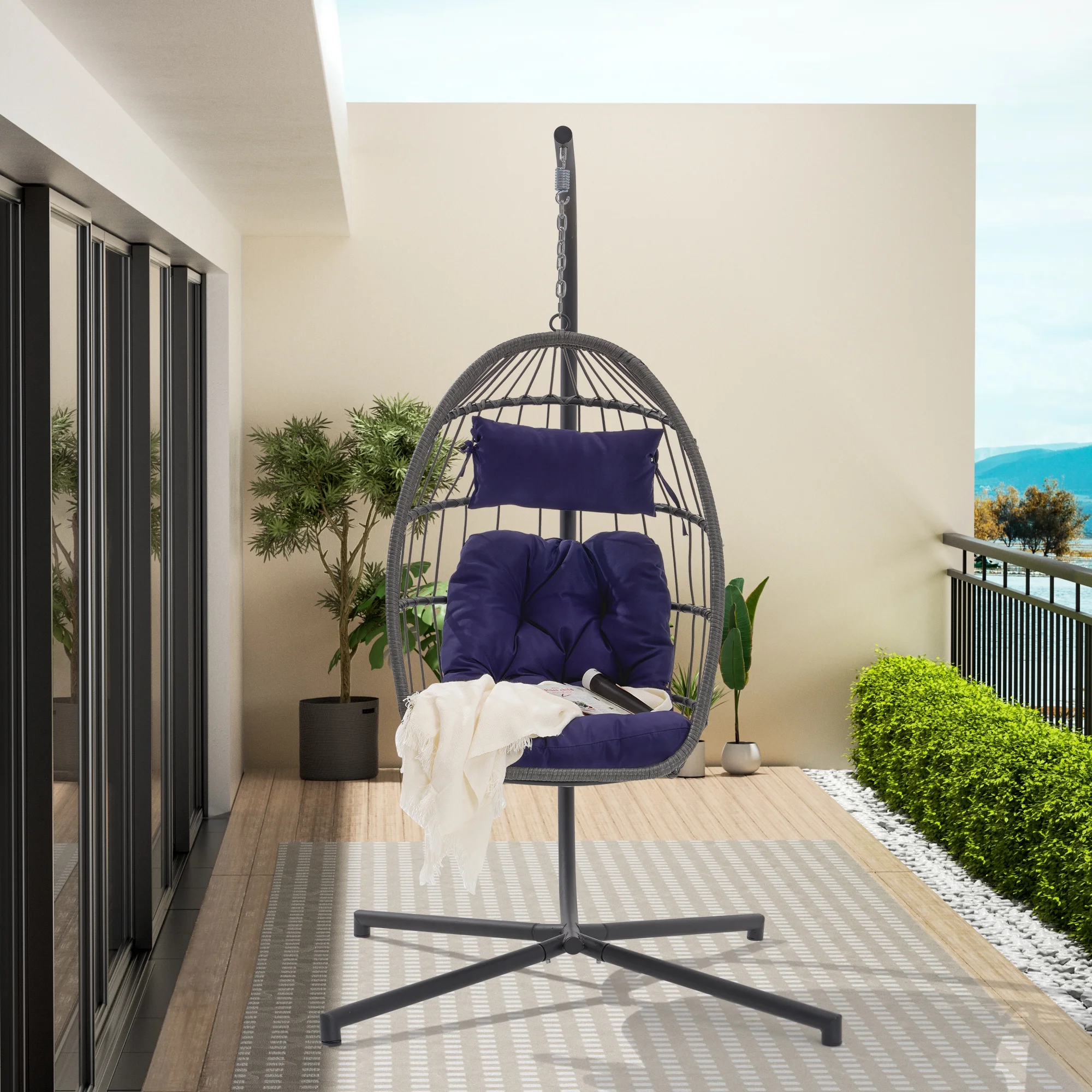 Outdoor Garden Rattan Egg Swing Chair Hanging Chair Dark Blue Cushion&nbsp;