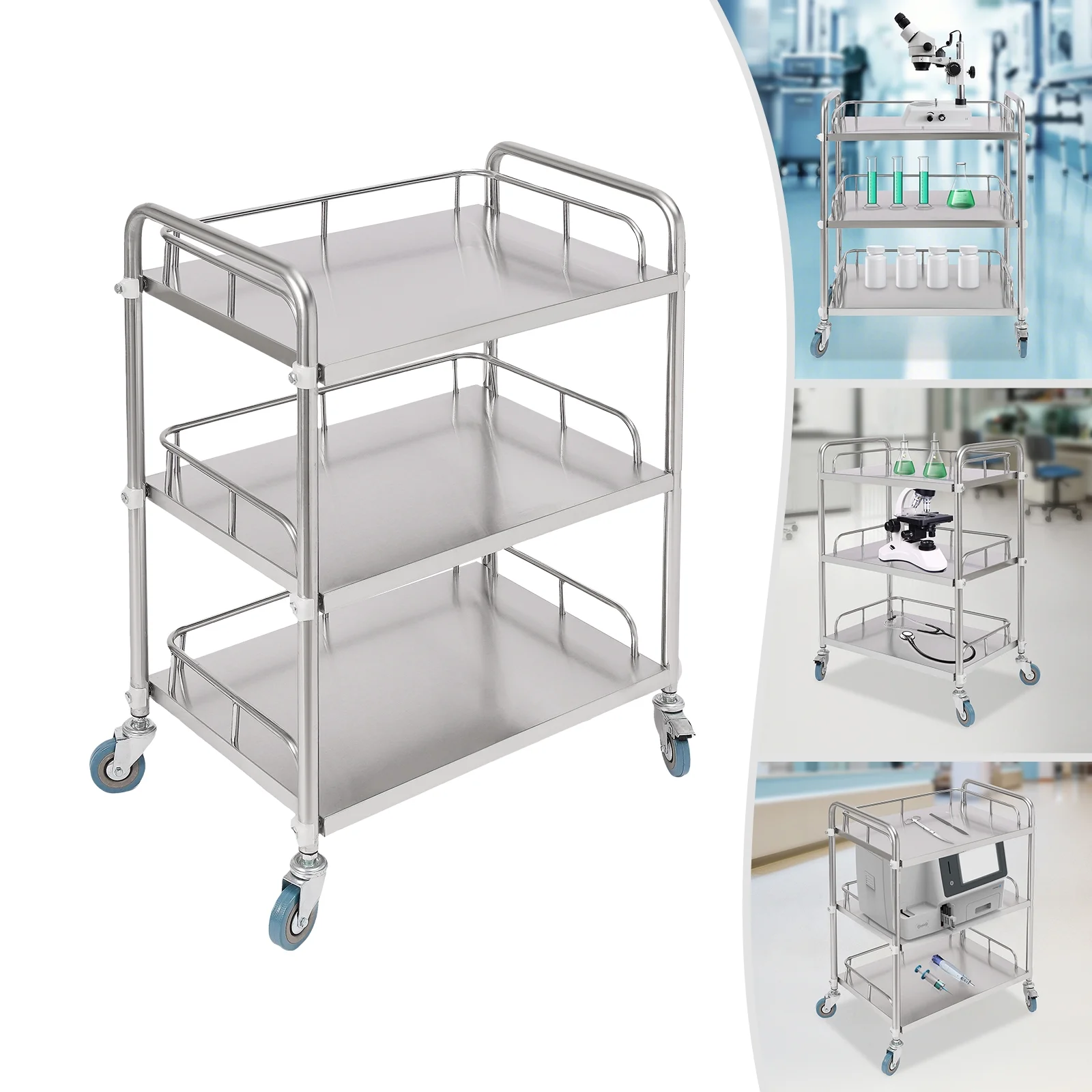 3-Tier Stainless Steel Lab Cart, Mobile Rolling Lab Utility Cart, Serving Cart 26x15.4x 33.5