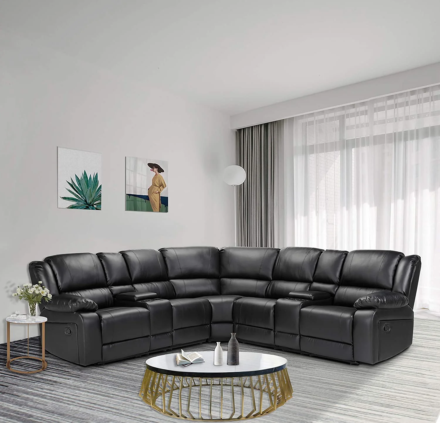 107" Reclining Motion Living Room Corner Sectional Sofa with Cup Holder  Black PU Leather
