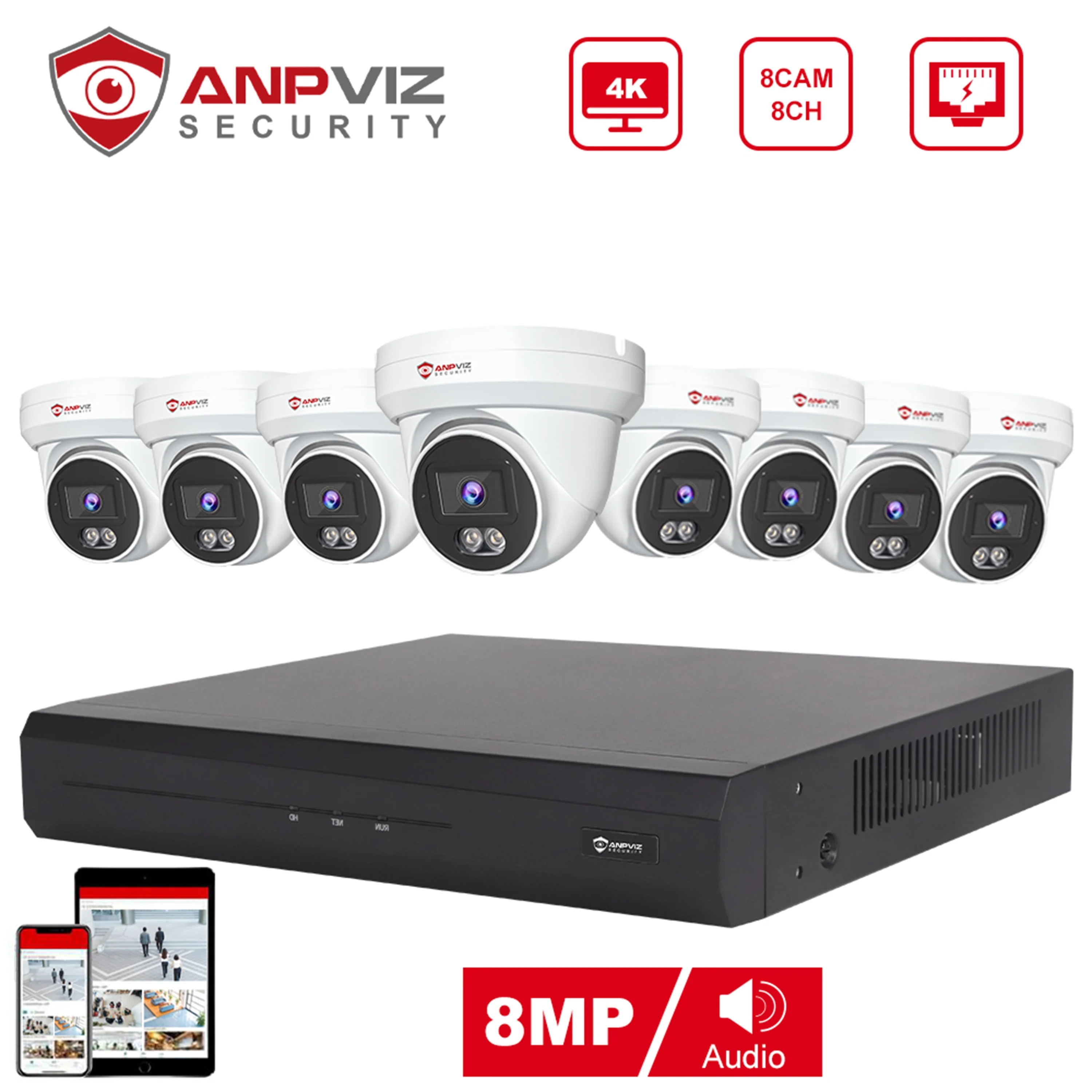 Anpviz 4K 8CH PoE Security Camera System, 8pcs Wired 8MP PoE IP Cameras Outdoor with Person Vehicle Detection, 8MP 4K 8-CH NVR with2TB HDD for 24/7 Recording