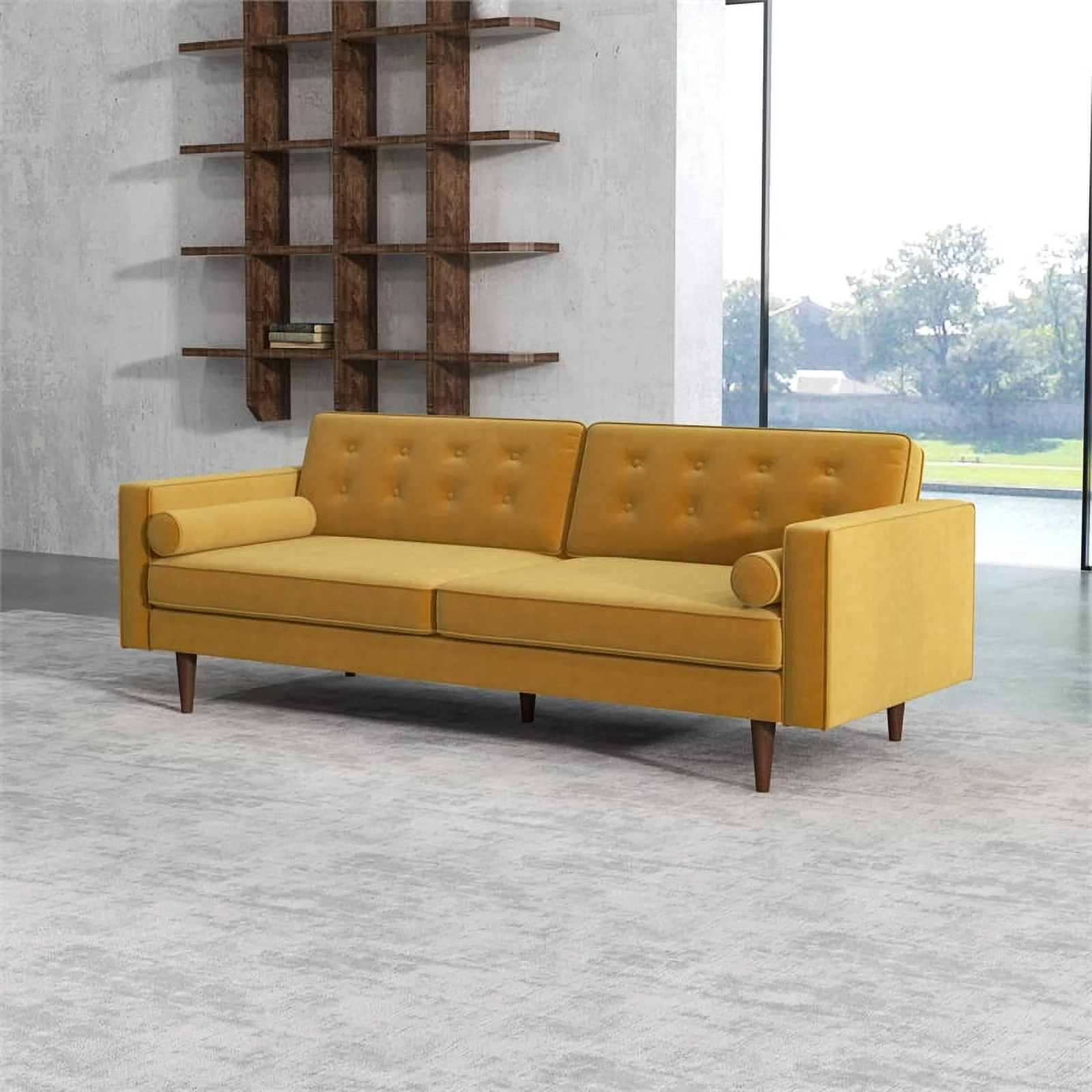 Pemberly Row Mid-Century Modern Tufted Back Gold Velvet Upholstered Sofa