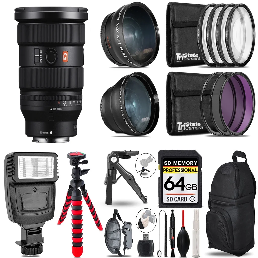 SONY FE 16-35mm f/2.8 GM II Lens for Sony E +3 Lens Kit + Slave Flash + Tripod - 64GB Accessory Bundle