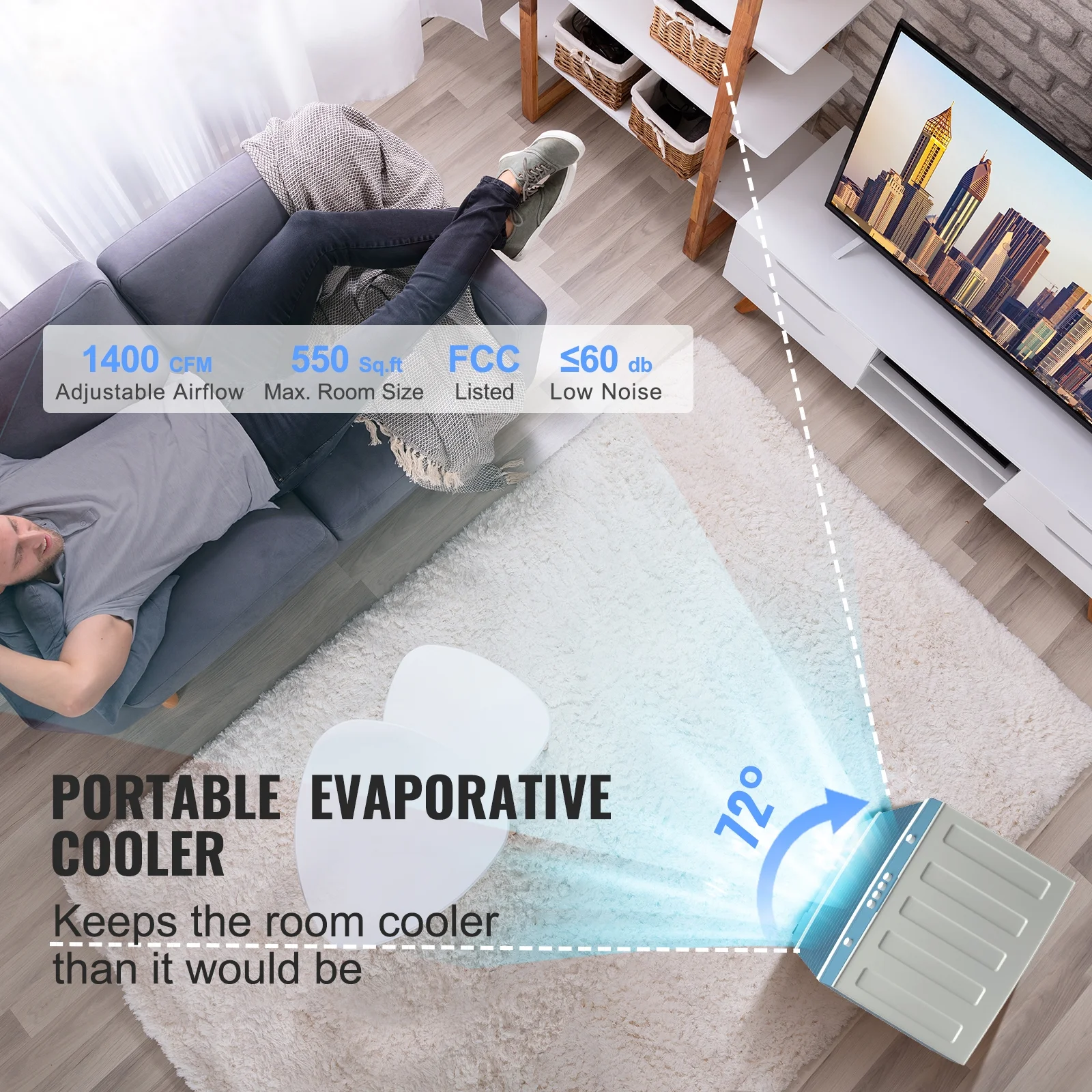 SKYSHALO Evaporative Cooler Swamp Cooler 3-in-1 1400 CFM 5 Gal Air Humidifier Home